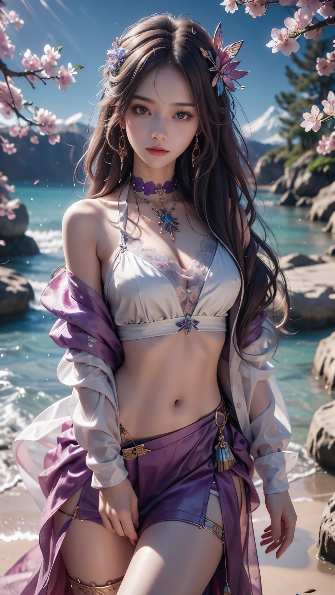 8K, ultra hd, masterpiece, hd colors, 1 girl, perfect face, very long curly hair, detailed eyes, simple clothing, gradient purple clothing, stocking, lace, sardine, straps, net, loops, bare waist, jwellery, ornament, earrings, necklace, waterside, Realistic scenery, epic scenery, sun rising, evening, clouds, Butterfly, cherry blossom, blowing wind, perfect pose,