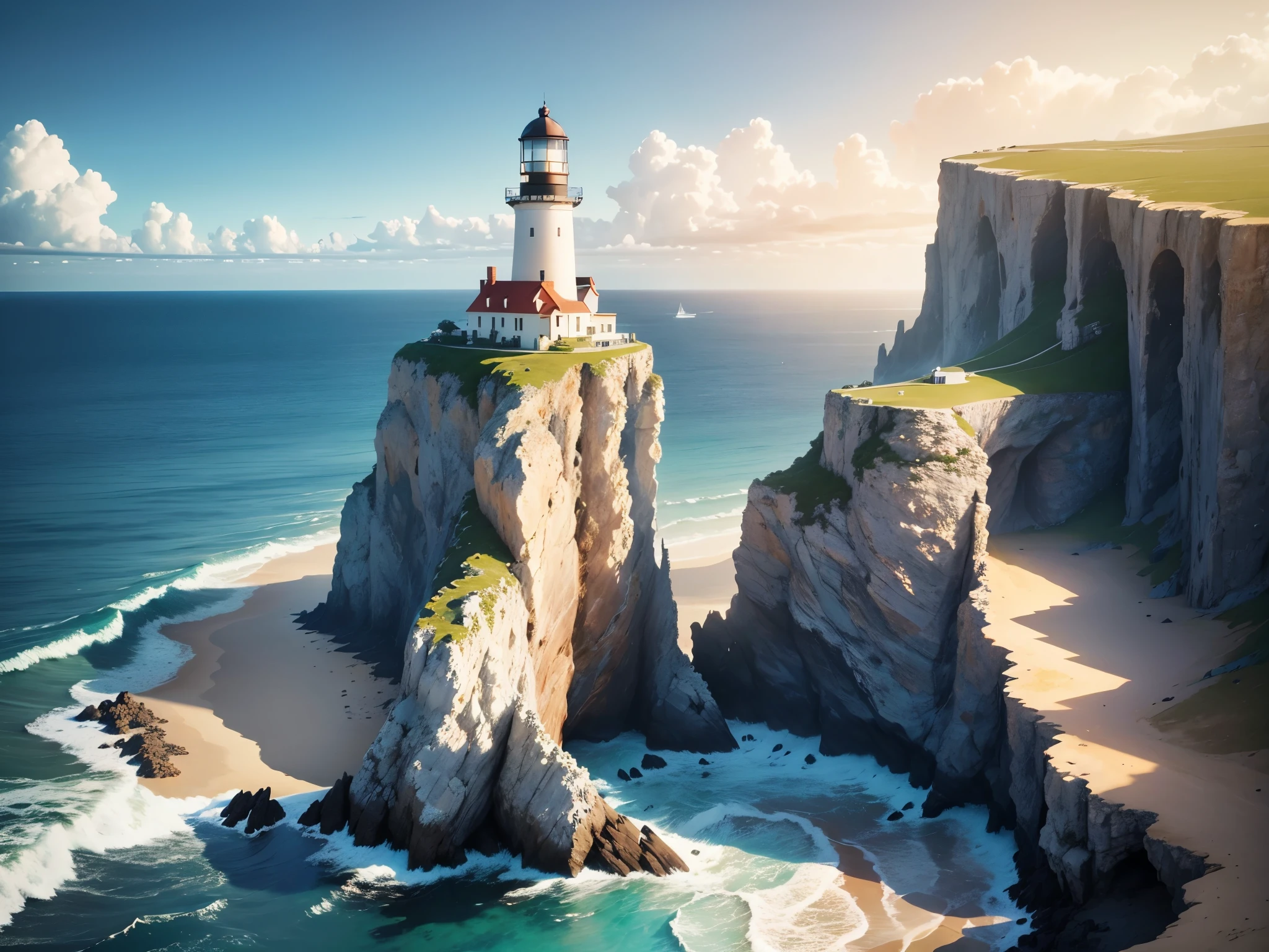 blue coastscenery on blue coast. Ocean, horizon, cliffs, beach, clouds, sun rays. There is a massive space ship in the air, reflecting in the sea. Ray tracing effect, high details, 8k 