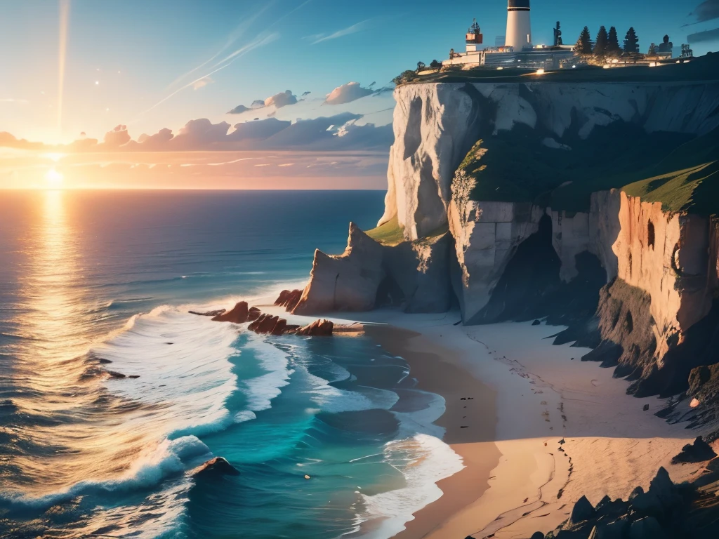 blue coastscenery on blue coast. Ocean, horizon, cliffs, beach, clouds, sun rays. There is a massive space ship in the air, reflecting in the sea. Ray tracing effect, high details, 8k 