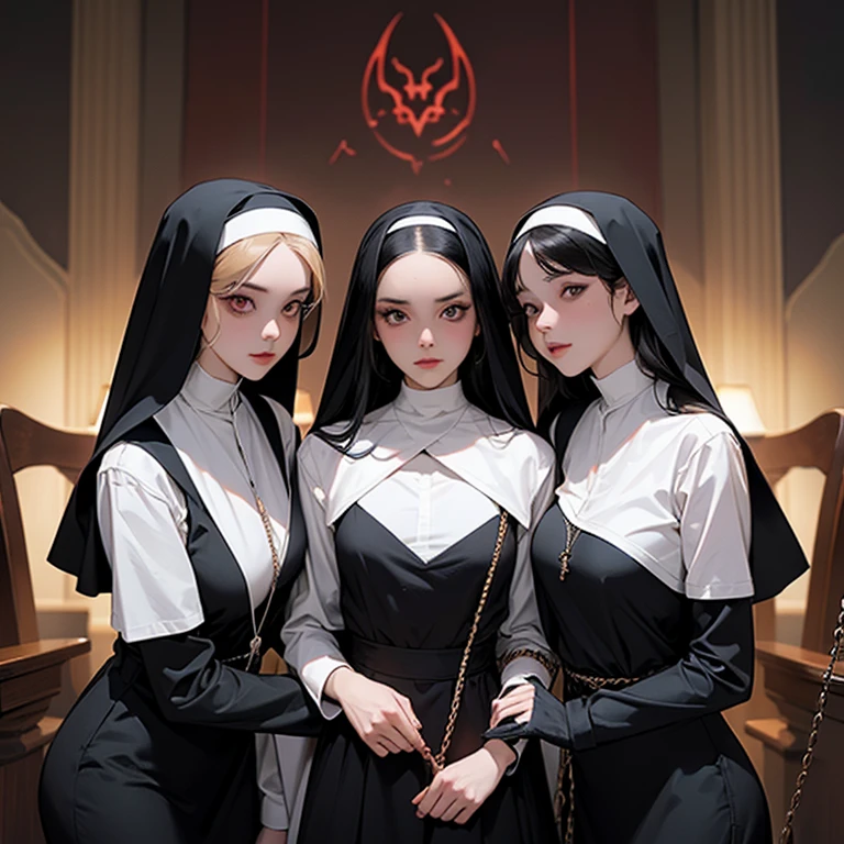 ((3 females)), A picture of 2 beautiful demon girls and a sexy nun  on a leash,((2 demon girls and a nun)), nun, demons, beautiful demon girls, dark, sexy, nun on a leash, golden leash, collar, bdsm, hand under skirt