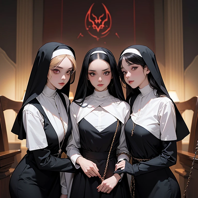 ((ผู้หญิง 3 คน)), A picture of 2 สาวปีศาจที่สวยงาม and a เซ็กซี่ แม่ชี  on a leash,((2 demon girls and a แม่ชี)), แม่ชี, ปีศาจ, สาวปีศาจที่สวยงาม, มืด, เซ็กซี่, แม่ชี on a leash, สายจูงสีทอง, ปกเสื้อ, บีดีเอสเอ็ม, มือใต้กระโปรง