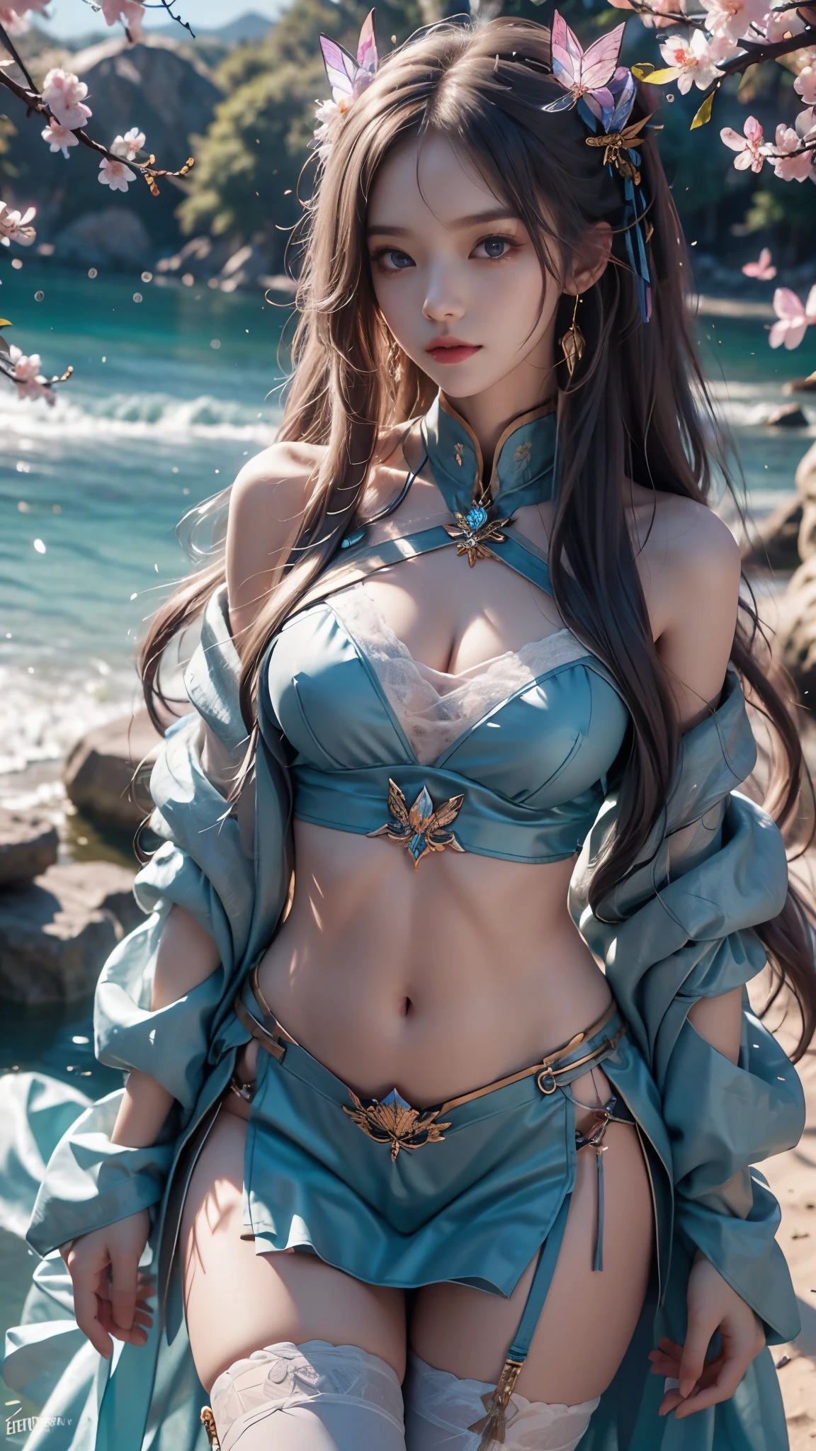 8K, ultra hd, masterpiece, hd colors, 1 girl, perfect face, very long curly hair, detailed eyes, simple clothing, purple clothing, stocking, lace, sardine, strips, net clothing, loops, bare waist, jwellery, waterside, Realistic scenery, epic scenery, sun rising, evening, clouds, Butterfly, cherry blossom, blowing wind, perfect pose,