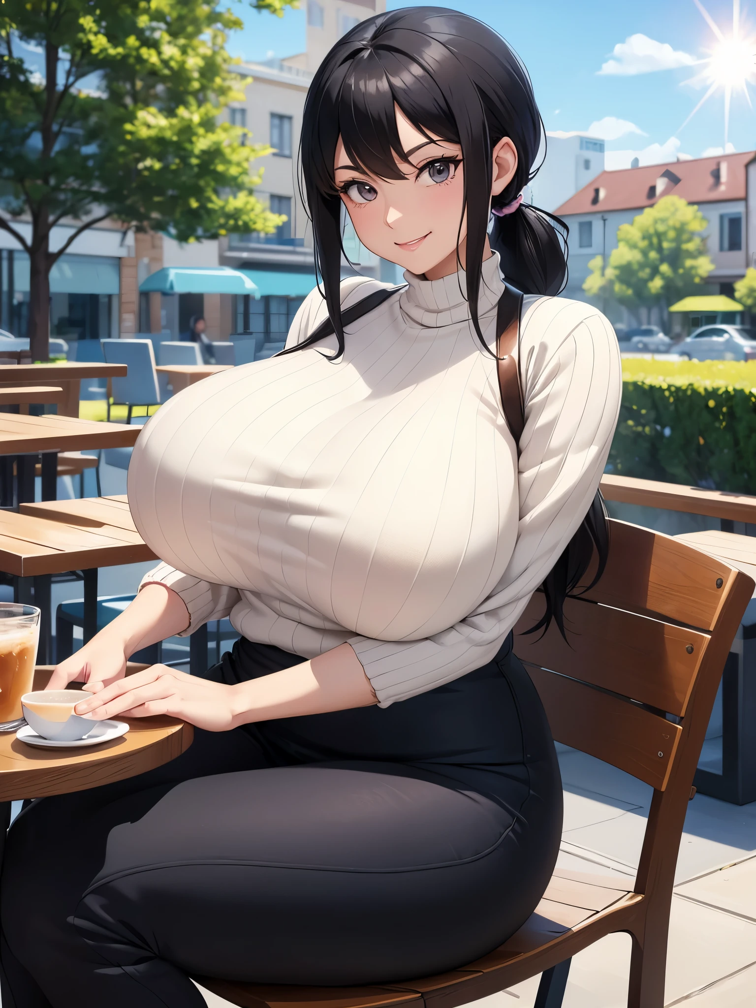  masterpiece,8k,Digital Art, ( middle aged woman,long black_hair, pony tail,pearl,pearl color summer sweater,ride on the gigantic oyster, discret smile, Cute look), (Sitting on a chair,cafe in the background, the shiny sun, morning hour),shinkai makoto illust style,huge busty upper bodystyle woman smiling,stylish back ground,slouching,