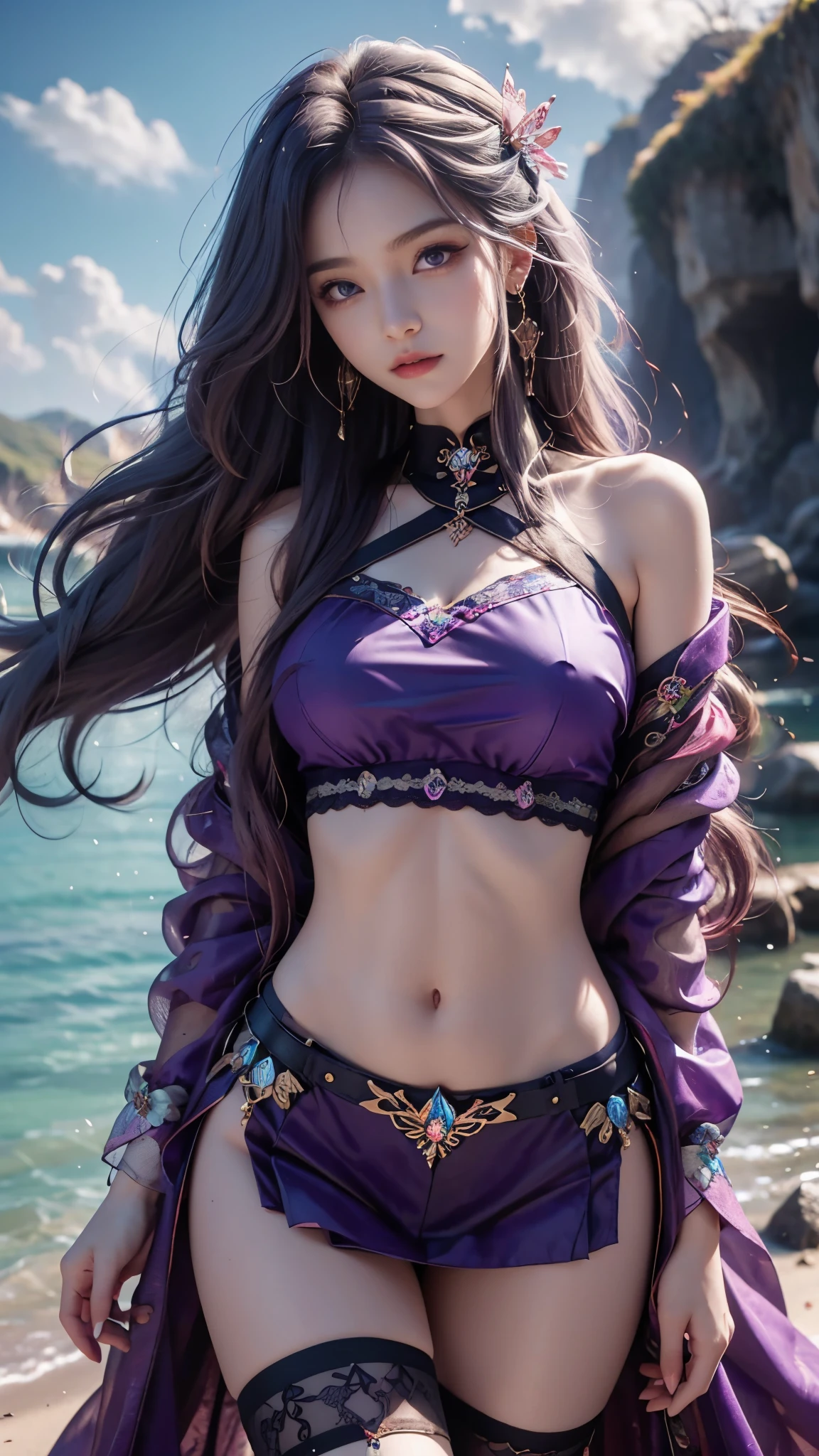 8K, ultra hd, masterpiece, hd colors, 1 girl, perfect face, very long curly hair, detailed eyes, simple clothing, ((purple clothing)), stocking, cryzada lace, sardine, straps, net clothing, loops, bare navel, jwellery, waterside, Realistic scenery, epic scenery, sun rising, evening, clouds, Butterfly, cherry blossom, blowing wind, perfect pose,
