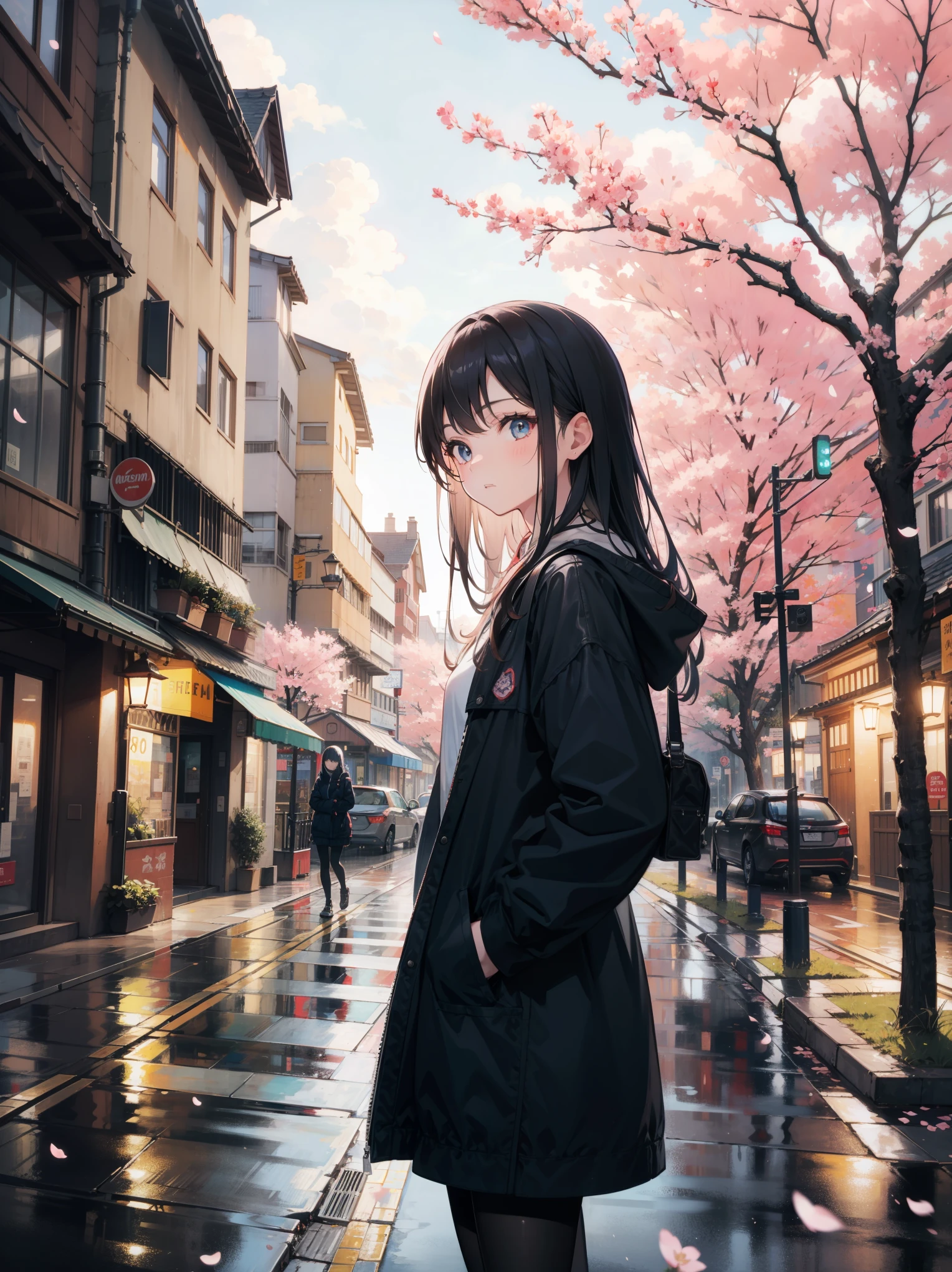 A girl，Long hair,Beautiful and delicate eyes，fluttering eyelashes，Hands in pockets，Solitary，on the street，There are cherry blossoms on the side of the road，Light rain in the sky，partly cloudy，Bright street view，The colors in the painting are bright and vibrant, Perfectly balanced tones，Ultra HD，Best quality，The award-winning，8K