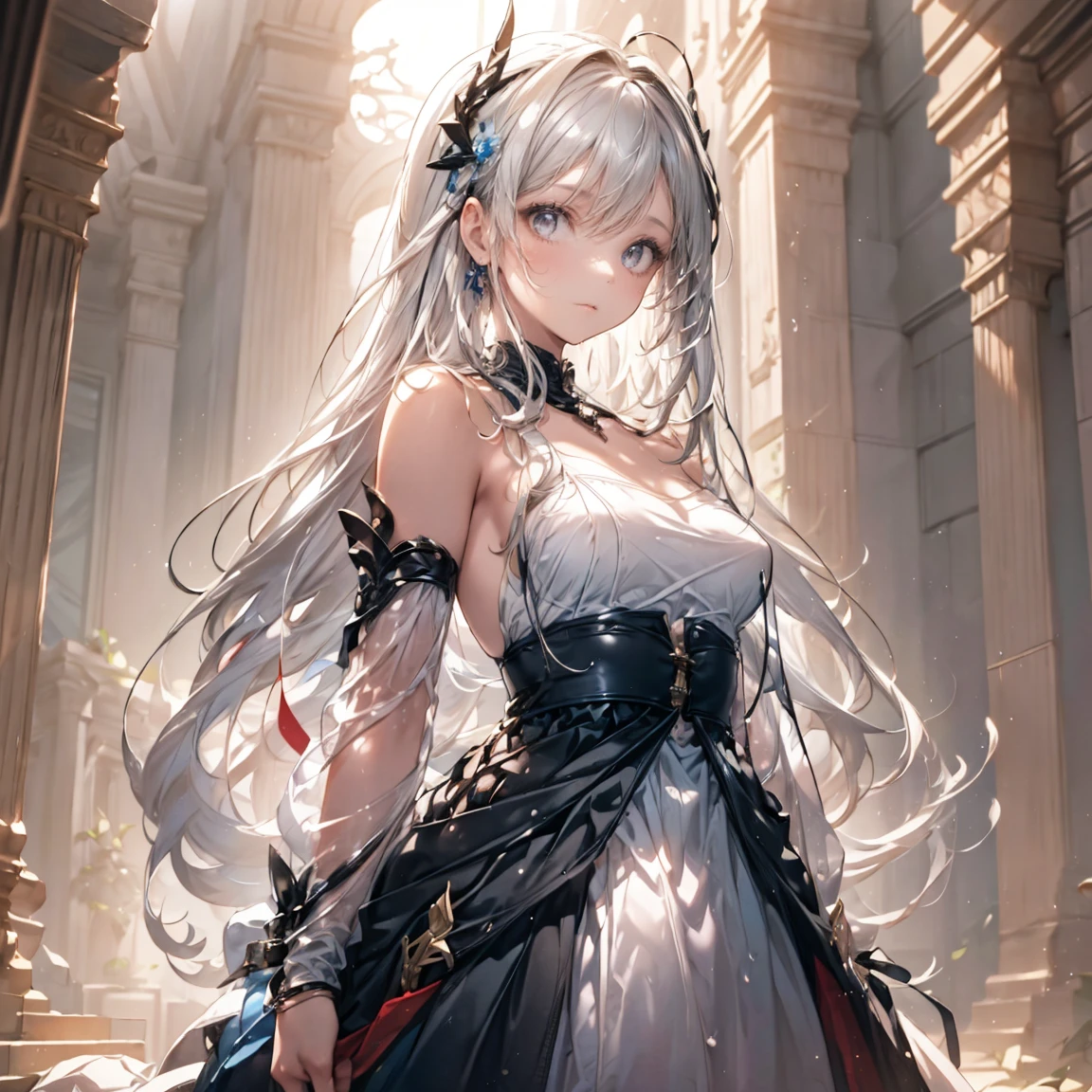 Night World, Perfect female body, 1 girl, 20-year-old, Long white hair, Gray and silver hair, Huge ahoge, ^ ^, Small breasts, Light Skin, Larger clothes,Fantasy,devil