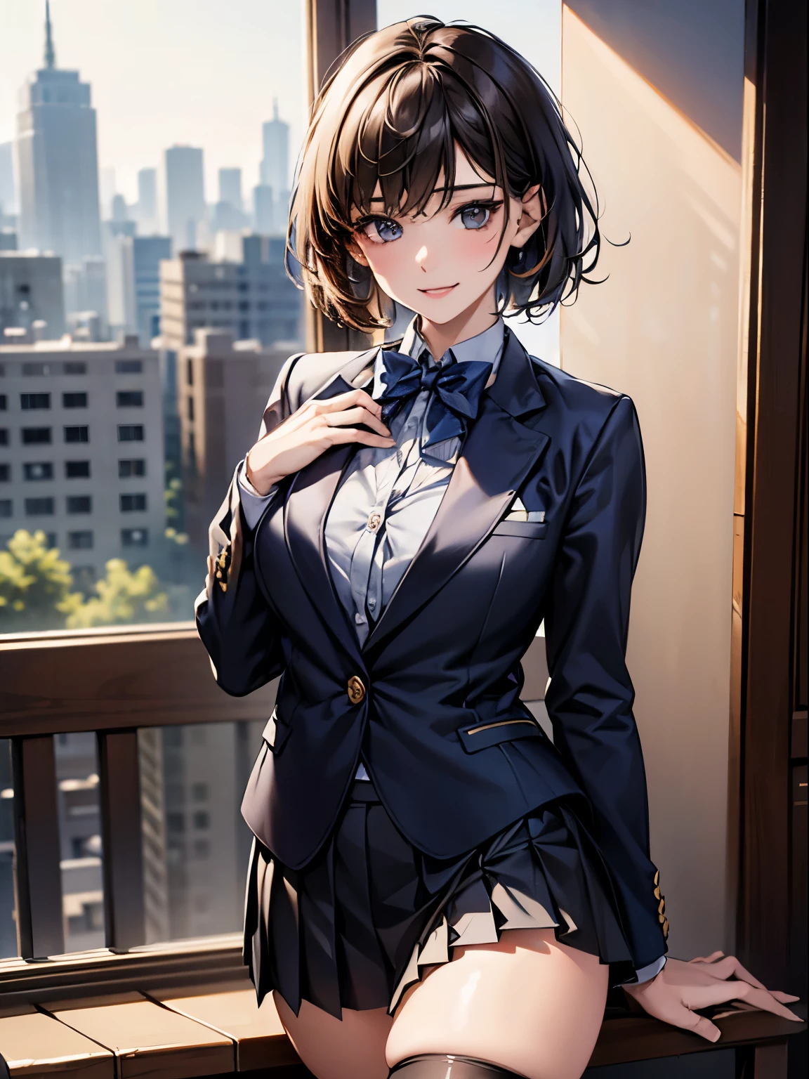 ((highest quality)),(超A high resolution),(Very detailed),(Detailed Description),((The best CG)),(masterpiece),super precision art, short hair、(highest quality、8k、32k、masterpiece)、(Realistic)、(Realistic:1.2)、(High resolution)、Very detailed、Very beautiful face and eyes、1 female、Tight waist、Delicate body、(highest quality、Attention to detail、Rich skin detail)、(highest quality、8k、Oil paint:1.2)、Very detailed、(Realistic、Realistic:1.37)、Bright colors、Perfect Face, Perfect Anatomy, Cute and symmetrical face, Shiny skin, 
Beautiful breasts, Beautiful thighs, Beautiful legs, Beautiful fingers, 
(((Navy Blazer:1.2, Navy Pleated Mini Skirt), Closed blazer, Grey bow tie, White collared shirt), Black thigh-high socks), 
(Beautiful views), Written boundary depth, morning, (Schoolyard), Are standing, (Place your hand on your chest), (Cute Smile, Open your mouth), 