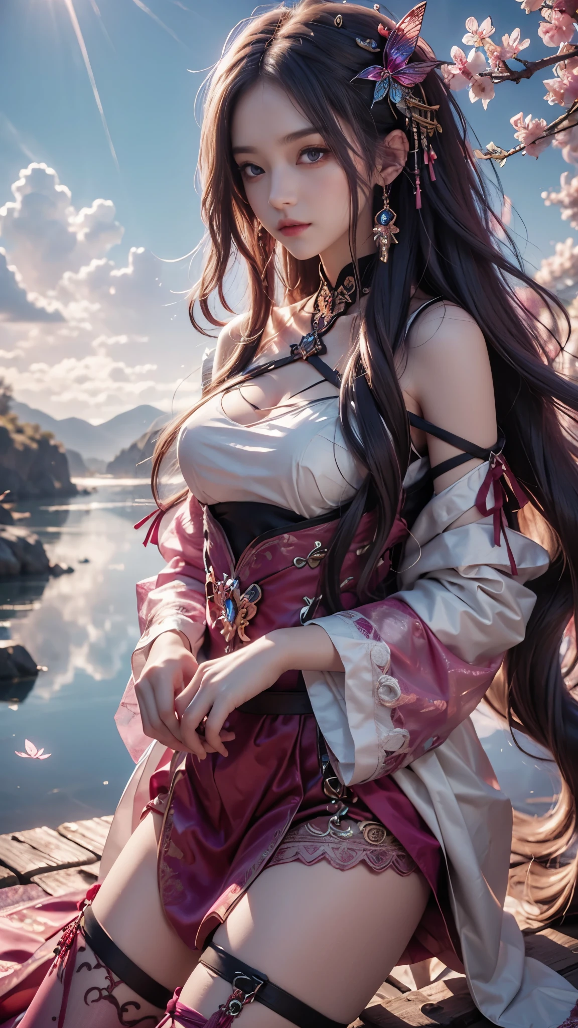 8K, ultra hd, masterpiece, hd colors, 1 girl, perfect face, very long curly hair, detailed eyes, simple clothing, ((magenta clothing)), stocking, ((criss-cross lace)), sardine, straps, net clothing, loops, jwellery, waterside, Realistic scenery, epic scenery, sun rising, evening, clouds, Butterfly, cherry blossom, blowing wind, perfect pose,