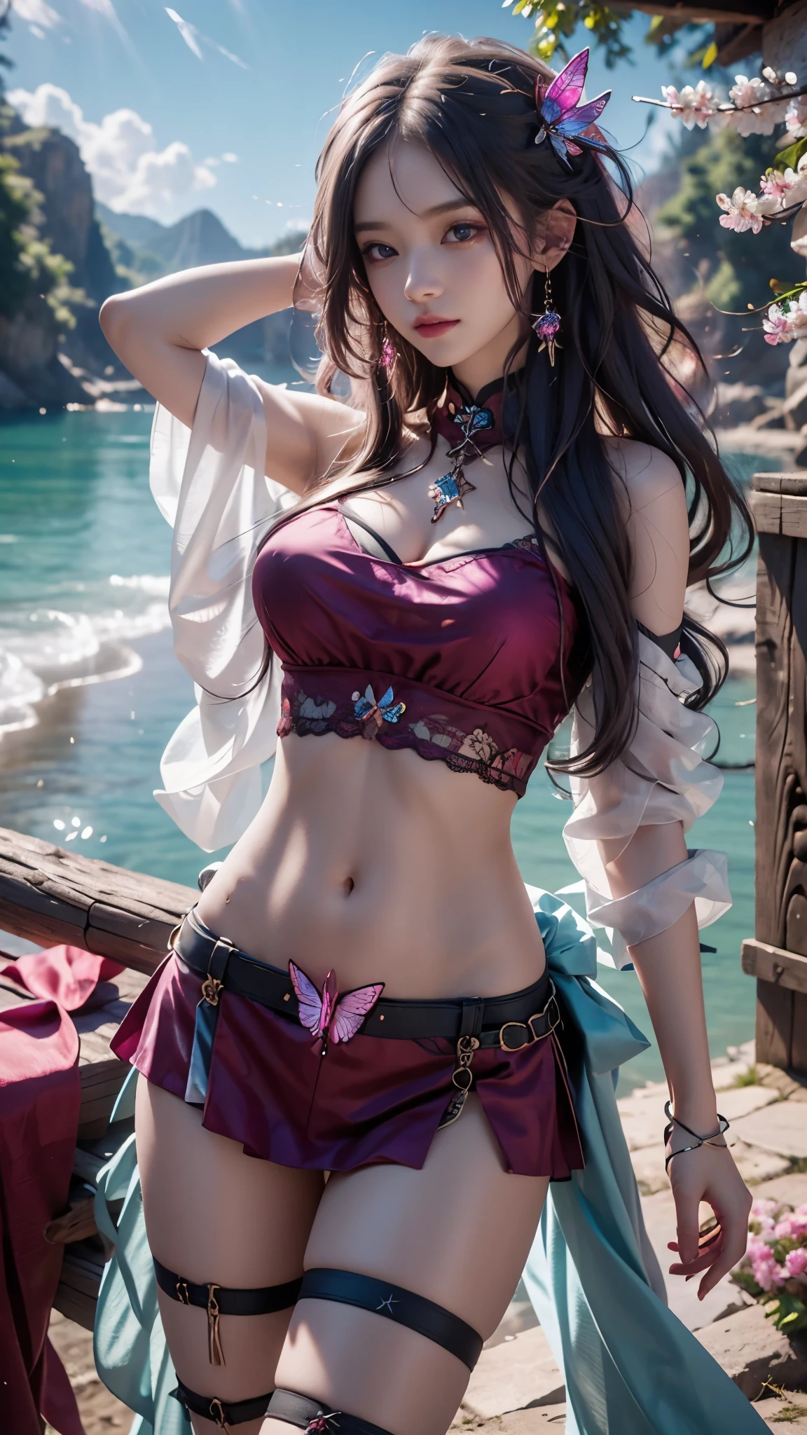 8K, ultra hd, masterpiece, hd colors, 1 girl, perfect face, very long curly hair, detailed eyes, simple clothing, ((magenta clothing)), stocking, ((cryzada stomach lace)), sardine, straps, net clothing, loops, jwellery, waterside, Realistic scenery, epic scenery, sun rising, evening, clouds, Butterfly, cherry blossom, blowing wind, perfect pose,