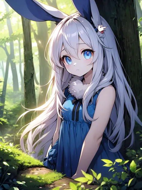 Hairy Girl,rabbit，Extremely fine fur,forest,Tree Hole，Looking at the audience，Sad eyes，blue eyes，Silver hair