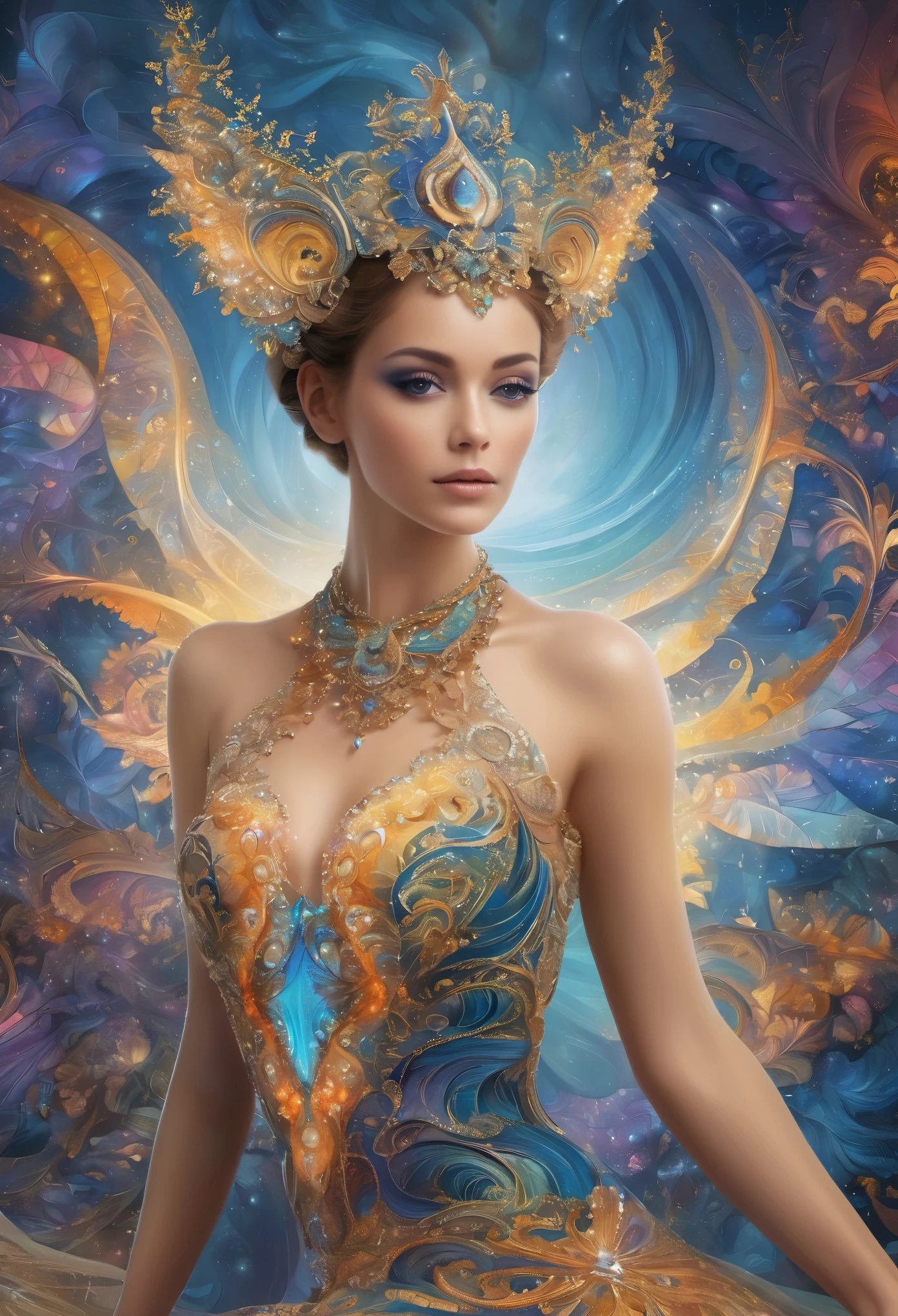  une belle femme ornée d&#39;une tenue d&#39;inspiration fractale sur un fond orné d&#39;éléments fractals, dégageant un air de mystère et d&#39;enchantement. Les motifs fractals complexes de ses vêtements s&#39;harmonisent avec les décorations fractales fascinantes en arrière-plan., créant une atmosphère fascinante et éthérée. La fusion d&#39;éléments fractals ajoute une touche de complexité et d&#39;attrait à la scène, améliorer le sentiment général de beauté et d’énigme entourant la femme. Cette image visuellement captivante évoque un sentiment d&#39;émerveillement et de fascination, attirant les spectateurs dans un monde de motifs complexes et de charme mystique