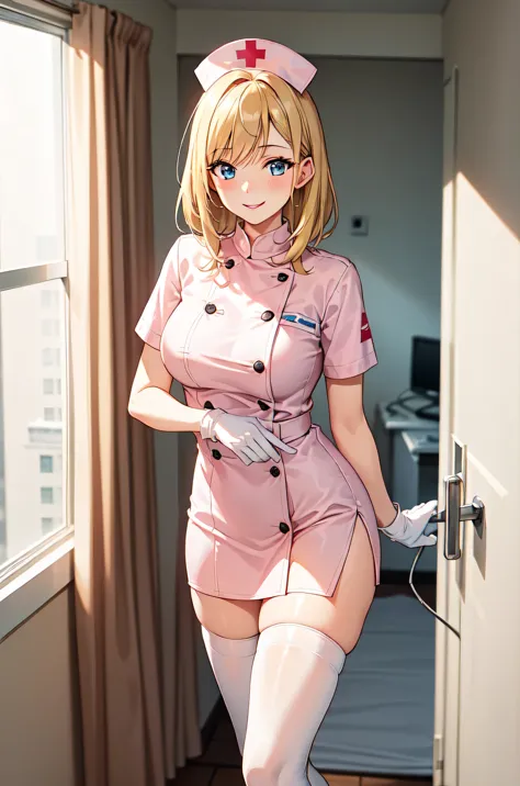 1woman, solo, nurse, white nurse cap, white nurse uniform, ((white legwear, zettai ryouiki)), white gloves, blonde hair, blue ey...