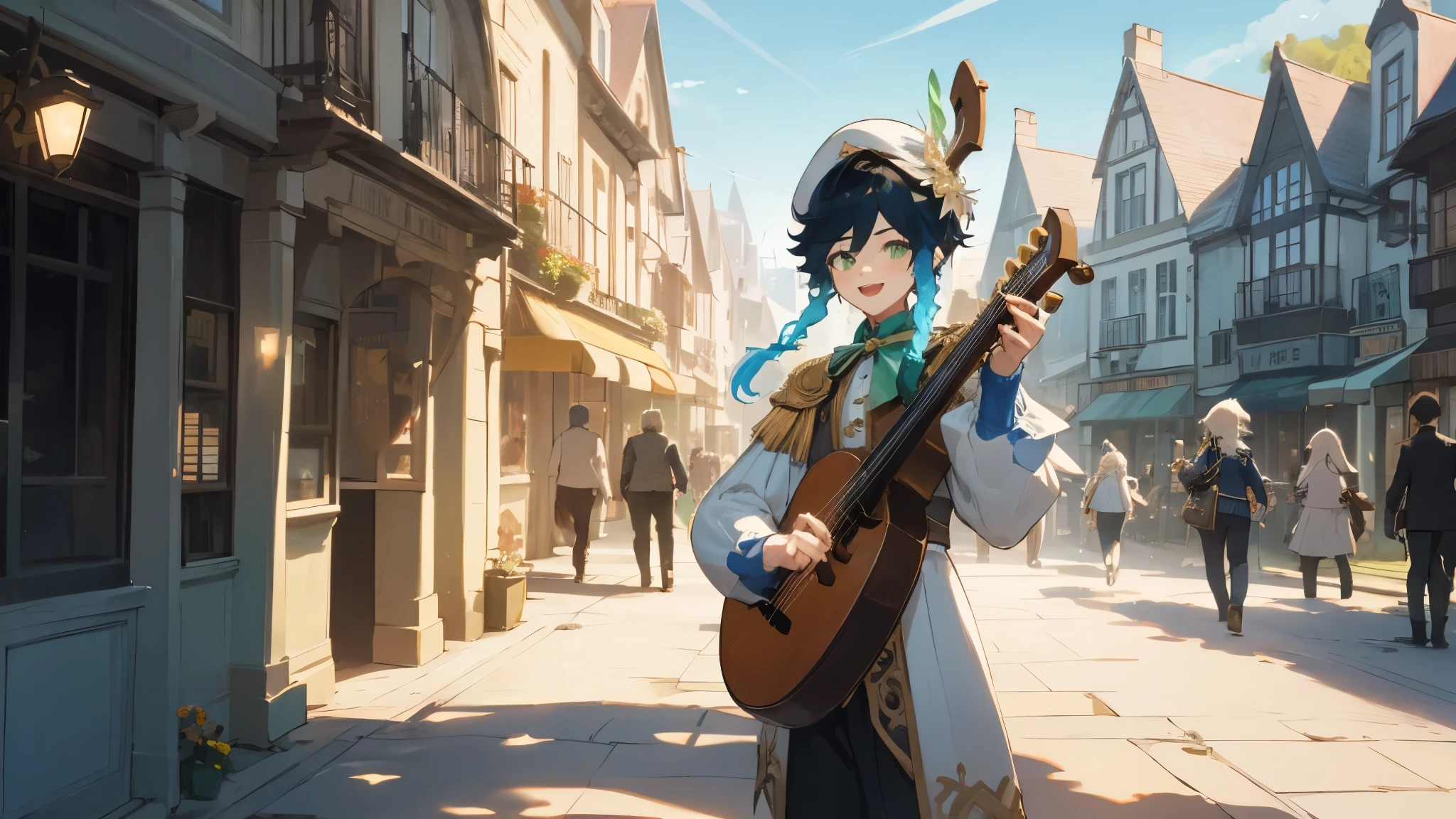 An animated-style image of a whimsical young male bard character from a fantasy video game, wandering through the town of Mond in the afternoon. The character has a playful expression, holding a lyre in one hand, with a light green bard outfit and a feathered cap. The sun is shining warmly, casting light shadows, and there are signs of a vibrant town life around him. The atmosphere suggests a lazy, pleasant afternoon. The style should be bright, colorful, and lively, matching the tone of a joyful social media post.