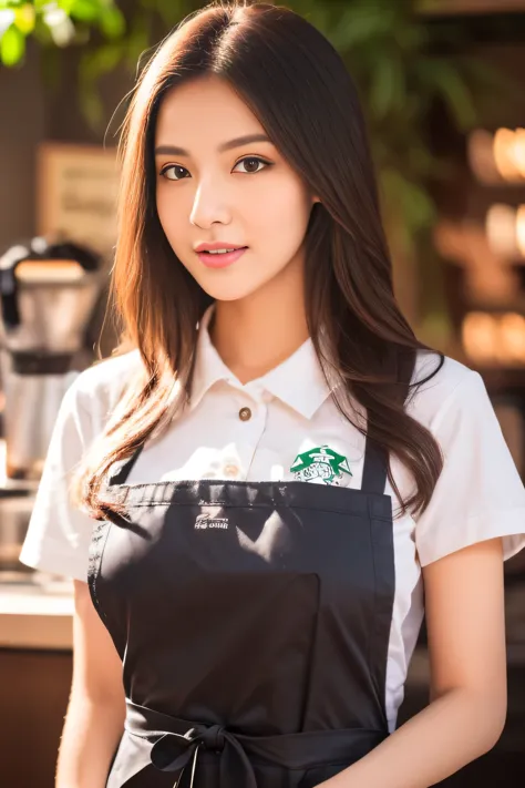 (barista,medium:1.1),(coffee making),(starbucks uniform),(apron:1.1),(professional:1.2),(beautiful detailed eyes),(beautiful det...