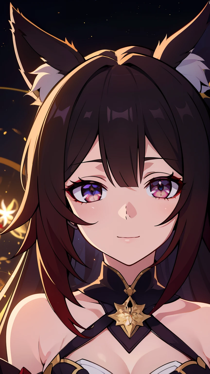 (high-quality, breathtaking),(expressive eyes, perfect face) 1girl, female, solo, portrait, honkai star rail inspired, medium, cheerful expression, Fox ears, Symmetrical Eyes, black background, fireflies background, soft lights, long hair length
