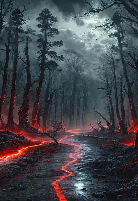 road to hell,dead trees,bloody red snake,heavy clouds,sinister,detailed matte painting,hyperdetailed charcoal drawing,oil painti...