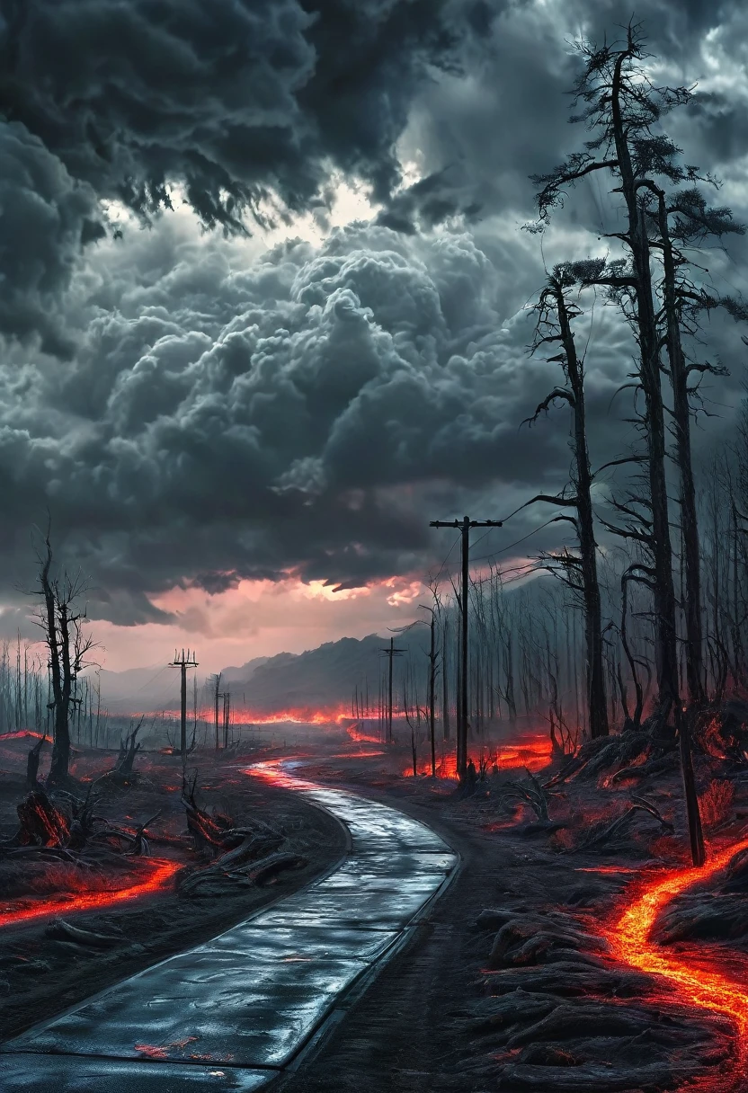 road to hell,dead trees,bloody red snake,heavy clouds,sinister,detailed matte painting,hyperdetailed charcoal drawing,oil painting by James Gurney,(best quality,4k,8k,highres,masterpiece:1.2),ultra-detailed,(realistic,photorealistic,photo-realistic:1.37),HDR,UHD,studio lighting,ultra-fine painting,sharp focus,physically-based rendering,extreme detail description,professional,vivid colors,bokeh,portraits,landscape,horror,anime,sci-fi,photography,concept artists,cooler tones,moody lighting.