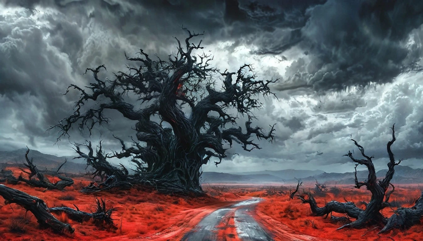 road to hell,dead trees,bloody red snake,heavy clouds,sinister,detailed matte painting,hyperdetailed charcoal drawing,oil painting by James Gurney,(best quality,4k,8k,highres,masterpiece:1.2),ultra-detailed,(realistic,photorealistic,photo-realistic:1.37),HDR,UHD,studio lighting,ultra-fine painting,sharp focus,physically-based rendering,extreme detail description,professional,vivid colors,bokeh,portraits,landscape,horror,anime,sci-fi,photography,concept artists,cooler tones,moody lighting.