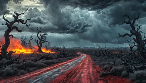 road to hell,dead trees,bloody red snake,heavy clouds,sinister,detailed matte painting,hyperdetailed charcoal drawing,oil painti...