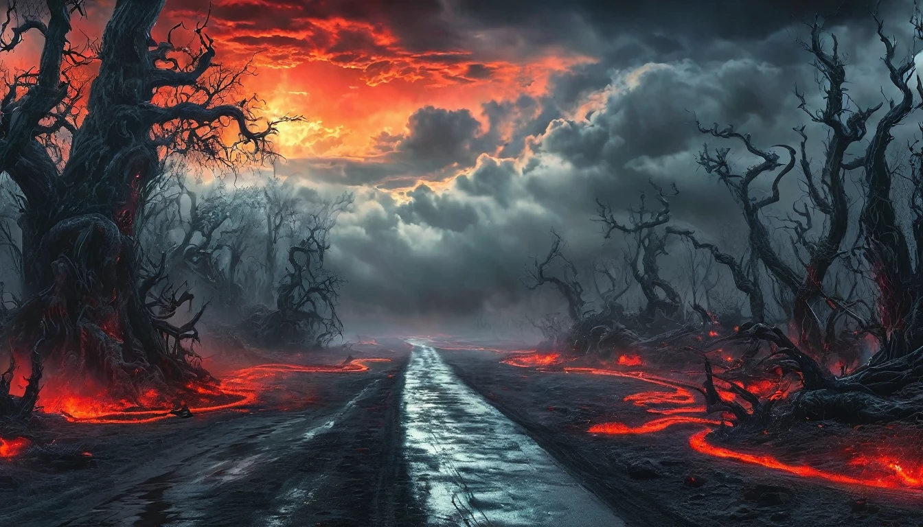 road to hell,dead trees,bloody red snake,heavy clouds,sinister,detailed matte painting,hyperdetailed charcoal drawing,oil painting by James Gurney,(best quality,4k,8k,highres,masterpiece:1.2),ultra-detailed,(realistic,photorealistic,photo-realistic:1.37),HDR,UHD,studio lighting,ultra-fine painting,sharp focus,physically-based rendering,extreme detail description,professional,vivid colors,bokeh,portraits,landscape,horror,anime,sci-fi,photography,concept artists,cooler tones,moody lighting.