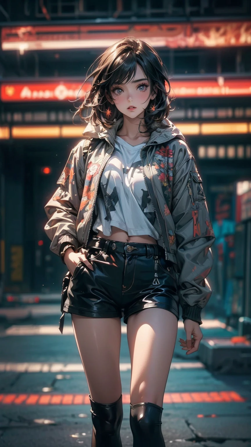((Highly detailed CG unit 8K wallpaper, masterpiece, High resolution, highest quality)), Structure from head to thighs:1.3, Upper body focus, 20 year old woman with dark hair, Avant-garde makeup, Hands in pockets pose:1.5, Grunge Fashion:1.2, wear a blouson:1.2, Blurred Background, A colorful, deserted alley, Cinema Lighting, Anime Style, Simple lines, Digital Painting,