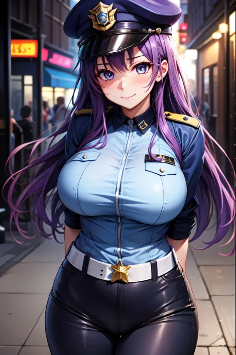 (High quality, High resolution, Fine details), Alley, Police Clothing, Police Hats, solo, curvy adult women, purple hair, sparkl...