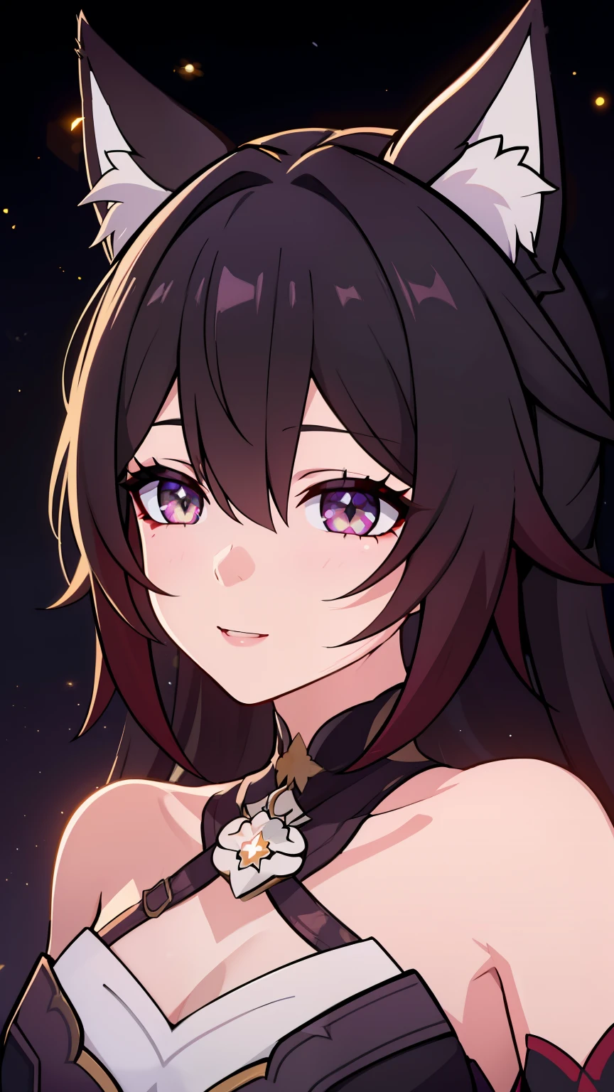 (high-quality, breathtaking),(expressive eyes, perfect face) 1girl, female, solo, portrait, honkai star rail inspired, medium, cheerful expression, Fox ears, Symmetrical Eyes, black background, fireflies background, soft lights, long hair length
