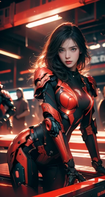 imagen realista 8k,Obra maestra,de la máxima calidad,Detalles máximos,Anatomía,caderas arriba,Composición dinámica completa,Luz natural brillante y agradable a la vista.,1 chica,alone,robot ciberpunk,cuerpo rojo,Hay luces de neón en la maquinaria..,Maquinaria corporal,