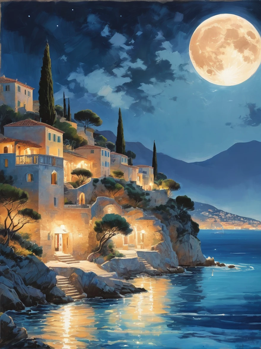Romantic Aegean Sea，(Côte d'Azur:1.3)，night，Backlight，(1对情侣坐在Côte d'Azur的树枝上:1.4)，There is a big full moon behind，Alexander，Averin，Fresh colors，Soft colors，Diode light，Concept art style，Extremely complex details，Clear distinction between light and dark，Layering，Ultra HD