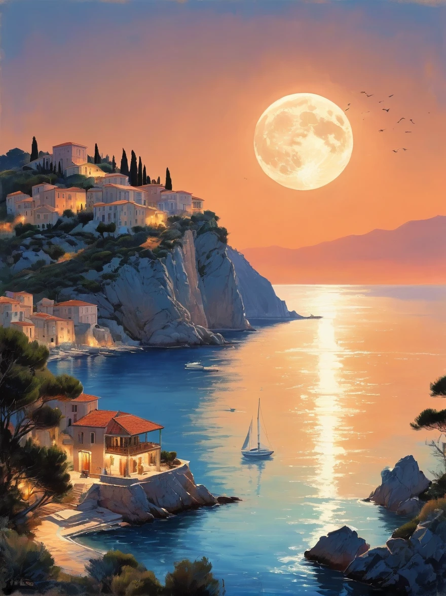 Romantic Aegean Sea，(Côte d'Azur:1.3)，night，Backlight，(一男一女坐在Côte d'Azur的沙滩上:1.4)，There is a big full moon behind，Alexander，Averin，Fresh colors，Soft colors，Diode light，Concept art style，Extremely complex details，Clear distinction between light and dark，Layering，Ultra HD