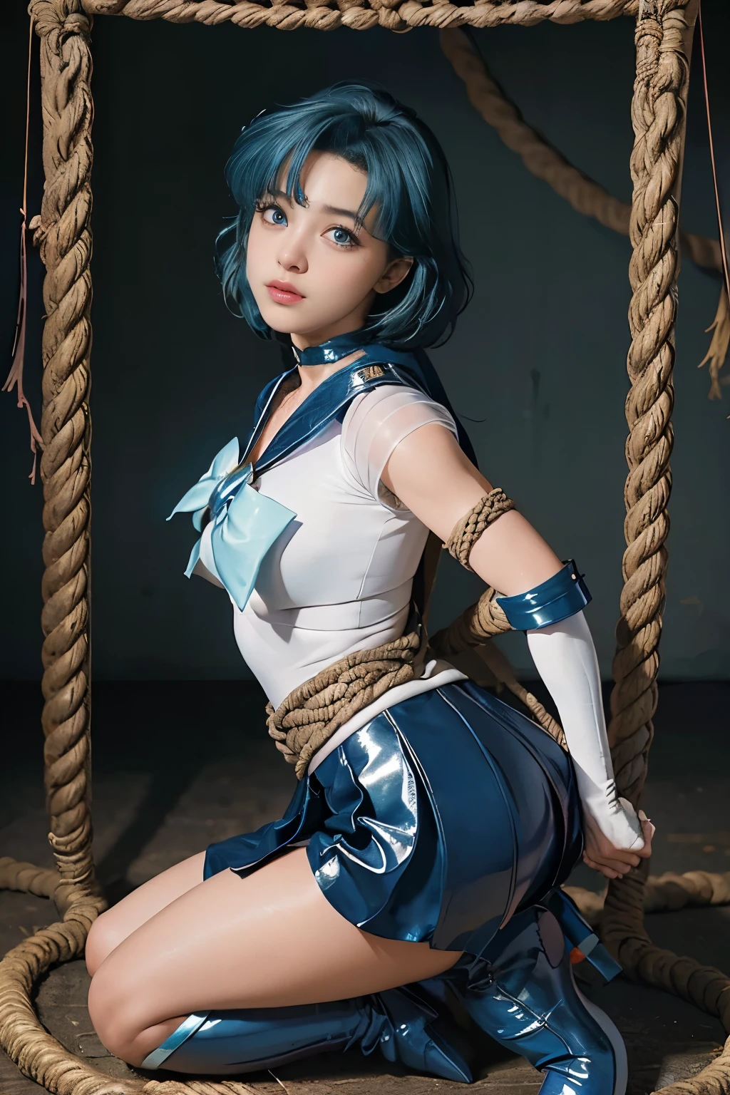 Put your arms behind your back, ((腕をTied up, Suppressed, (((rope))), Tied up)), Frightened face, highest quality，masterpiece，Ultra-high resolution, Very detailed, 8k，(Beautiful woman)，one person，30 years old, ((Sailor Mercury)), ((Blue sailor collar, Very tight and shiny uniform, Long white latex gloves,Beautiful female hand in white latex gloves,Shiny blue latex knee-high boots, Stiletto heels,Blue choker、Blue gloves on elbows, Shiny blue skirt, Gold tiara on forehead,Earrings,Luxury gold jewelry)), (Facial details, Bright Blue Eyes, Beautiful Face, Beautiful Eyes, Shining Eyes, Thin lips, Thin, sharp, pale eyebrows, Long, black eyelashes, Long and thick lower eyelashes, double eyelid, Fluffy blue hair), skinny, Large Breasts, Perfect Proportions, Narrow waist, Visible pores, Beautiful shiny dark blue hair, Perfect hands, High gloss holographic leather for a snug fit,Octane Rendering