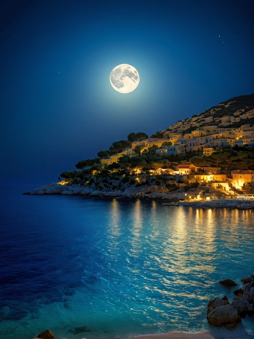 Romantic Aegean Sea，(Côte d'Azur:1.3)，night，Backlight，(一男一女坐在Côte d'Azur的沙滩上:1.4)，There is a big full moon behind，Alexander，Averin，Fresh colors，Soft colors，Diode light，Concept art style，Extremely complex details，Clear distinction between light and dark，Layering，Ultra HD