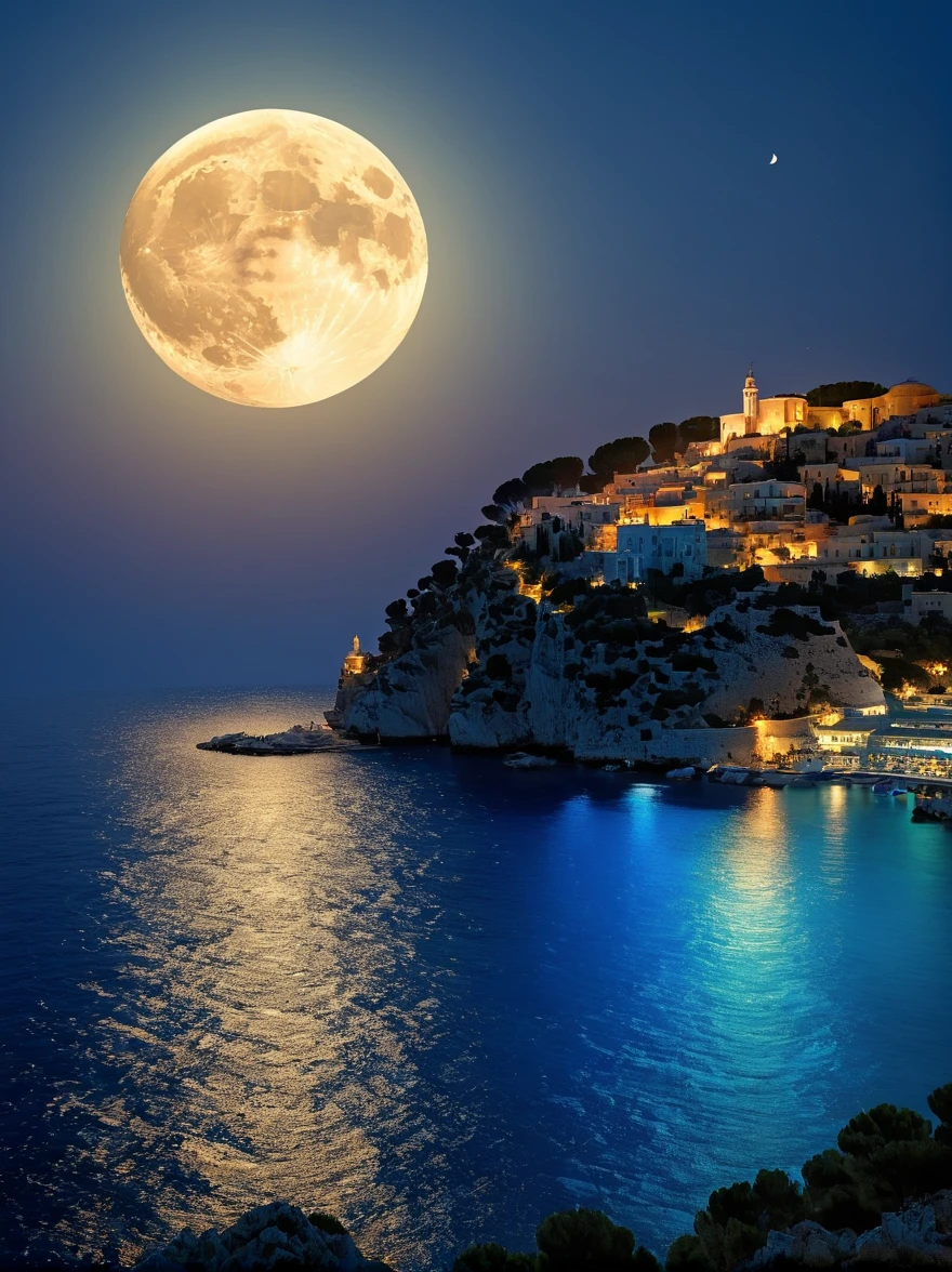 Romantic Aegean Sea，(Côte d'Azur:1.3)，night，Backlight，(1对情侣坐在Côte d'Azur的树枝上:1.4)，There is a big full moon behind，Alexander，Averin，Fresh colors，Soft colors，Diode light，Concept art style，Extremely complex details，Clear distinction between light and dark，Layering，Ultra HD