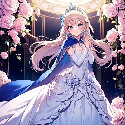kawaii, best quality,(long train blue cape:1.1),(long train white ball gown with flowers:1.1), a girl is wearing a cape over her...