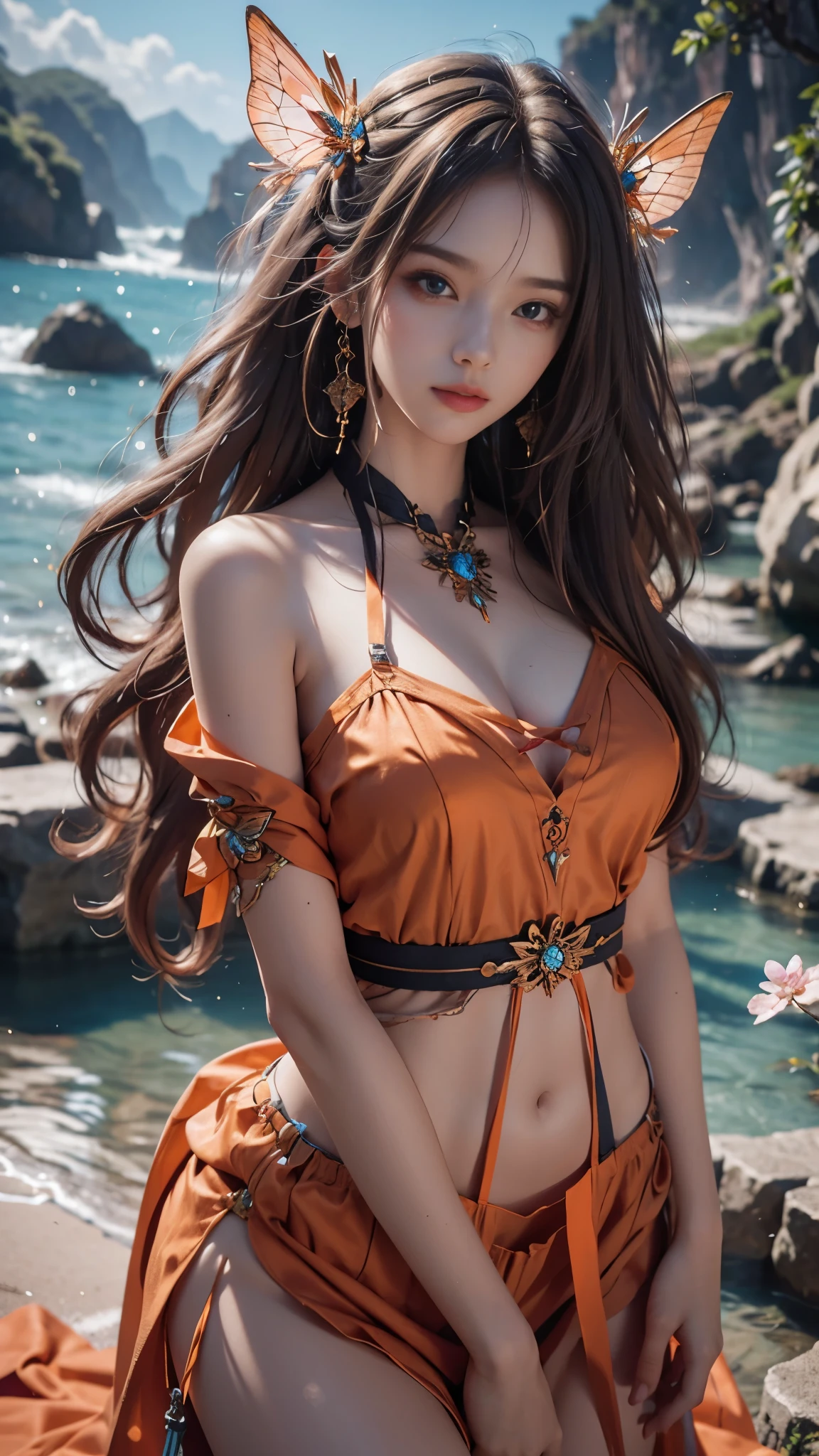 8K, ultra hd, masterpiece, hd colors, 1 girl, perfect face, very long curly hair, detailed eyes, simple clothing, ((orange clothing)), stocking, lace, very long sardine, straps, strips,  bare waist, net clothing, long loops, jwellery, waterside, Realistic scenery, epic scenery, sun rising, evening, clouds, Butterfly, cherry blossom, blowing wind, perfect pose,