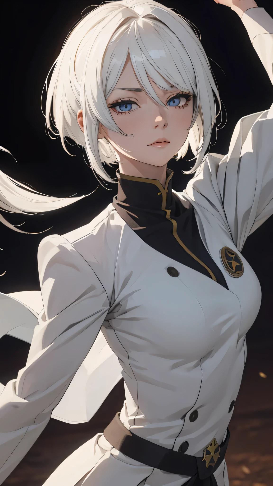 extremely detailed CG unity 8k wallpaper), (masterpiece), (best quality), (ultra-detailed), (best illustration), (best shadow), (absurdres) ,(detailed eyes), 2b, 1girl, japanese hairstyle , white hair, solo, Intimidating women, admiral uniform, night, hero pose, white clothes, General Uniform, Military Uniform, Sunlight, exposed to sunlight,commander, fighting pose, wearing cape, star shape in eyes