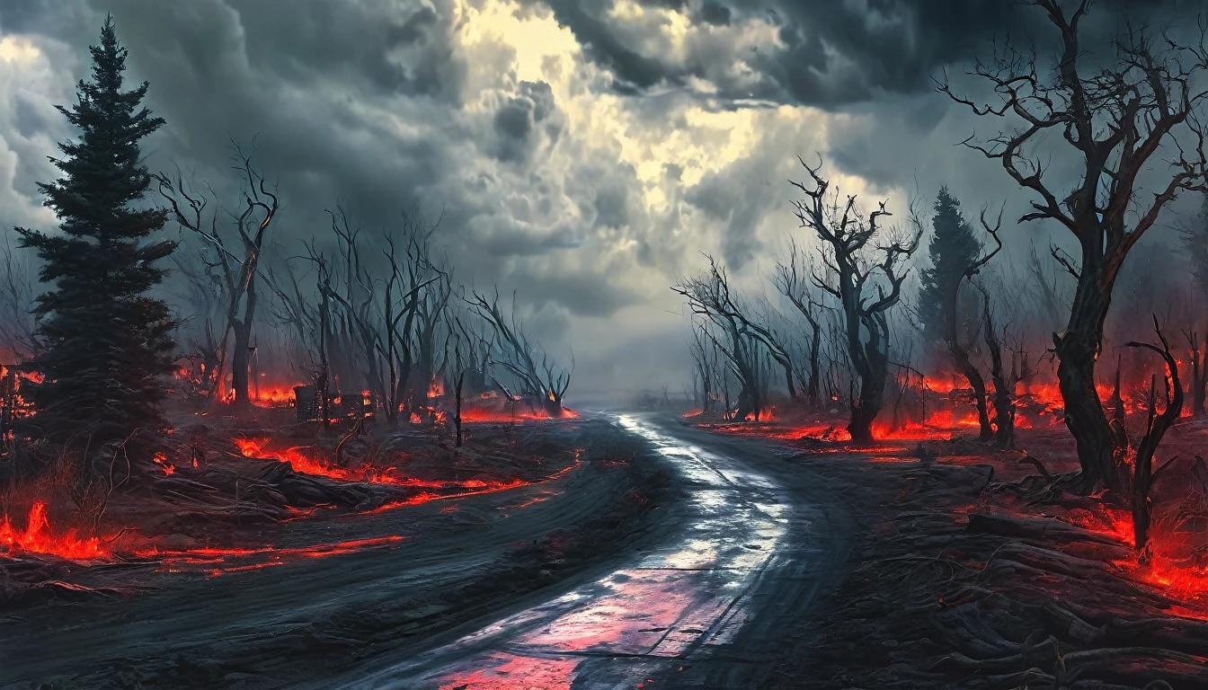 road to hell,dead trees,bloody red snake,heavy clouds,sinister,detailed matte painting,hyperdetailed charcoal drawing,oil painting by James Gurney,(best quality,4k,8k,highres,masterpiece:1.2),ultra-detailed,(realistic,photorealistic,photo-realistic:1.37),HDR,UHD,studio lighting,ultra-fine painting,sharp focus,physically-based rendering,extreme detail description,professional,vivid colors,bokeh,portraits,landscape,horror,anime,sci-fi,photography,concept artists,cooler tones,moody lighting.