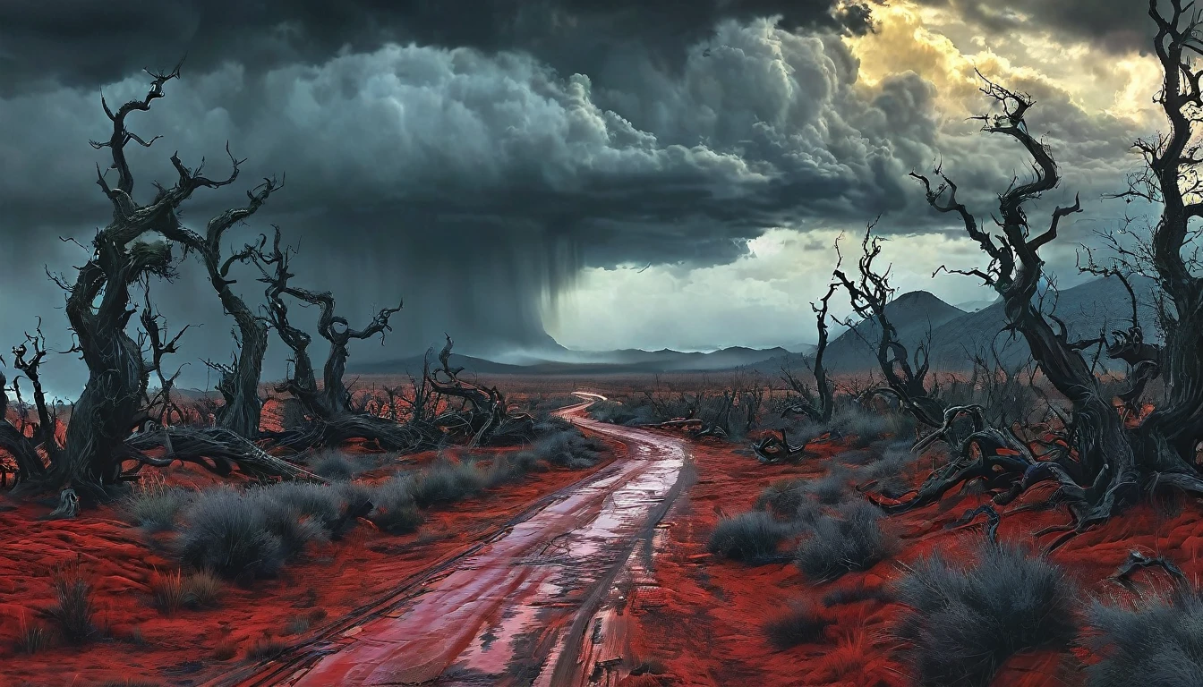 road to hell,dead trees,bloody red snake,heavy clouds,sinister,detailed matte painting,hyperdetailed charcoal drawing,oil painting by James Gurney,(best quality,4k,8k,highres,masterpiece:1.2),ultra-detailed,(realistic,photorealistic,photo-realistic:1.37),HDR,UHD,studio lighting,ultra-fine painting,sharp focus,physically-based rendering,extreme detail description,professional,vivid colors,bokeh,portraits,landscape,horror,anime,sci-fi,photography,concept artists,cooler tones,moody lighting.