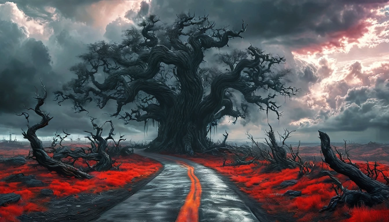 road to hell,dead trees,bloody red snake,heavy clouds,sinister,detailed matte painting,hyperdetailed charcoal drawing,oil painting by James Gurney,(best quality,4k,8k,highres,masterpiece:1.2),ultra-detailed,(realistic,photorealistic,photo-realistic:1.37),HDR,UHD,studio lighting,ultra-fine painting,sharp focus,physically-based rendering,extreme detail description,professional,vivid colors,bokeh,portraits,landscape,horror,anime,sci-fi,photography,concept artists,cooler tones,moody lighting.