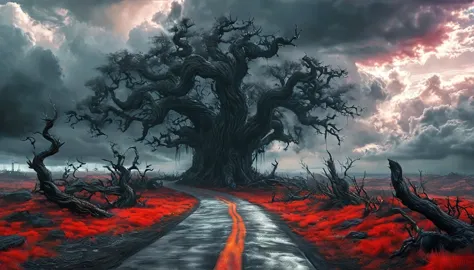 road to hell,dead trees,bloody red snake,heavy clouds,sinister,detailed matte painting,hyperdetailed charcoal drawing,oil painti...