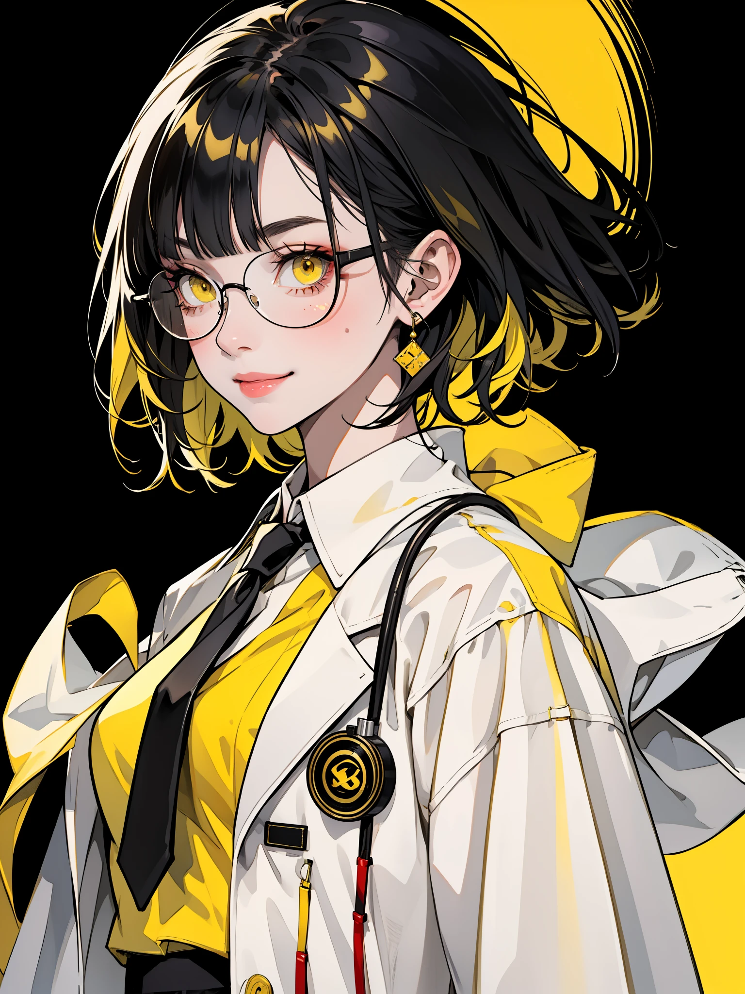 Standing against a background of black and yellow hair, 1 girl, One Girl(1:2)、 smile、Compensate、Red cheeks、short hair, Yellow Skirt, shirt, Black Hair, tie, ((doctor))、Private room、doctor style、((White coat long coat type))、Glasses, white shirt, Yellow Eyes, black tie, jewelry, Pleated skirt, From the side, Short sleeve, collared shirt, shirt tucked in,rum \(rumダヨー\),The theme colors are yellow and black、The background is solid yellow、Super simple yellow solid background,Wait for the gentleman to depart