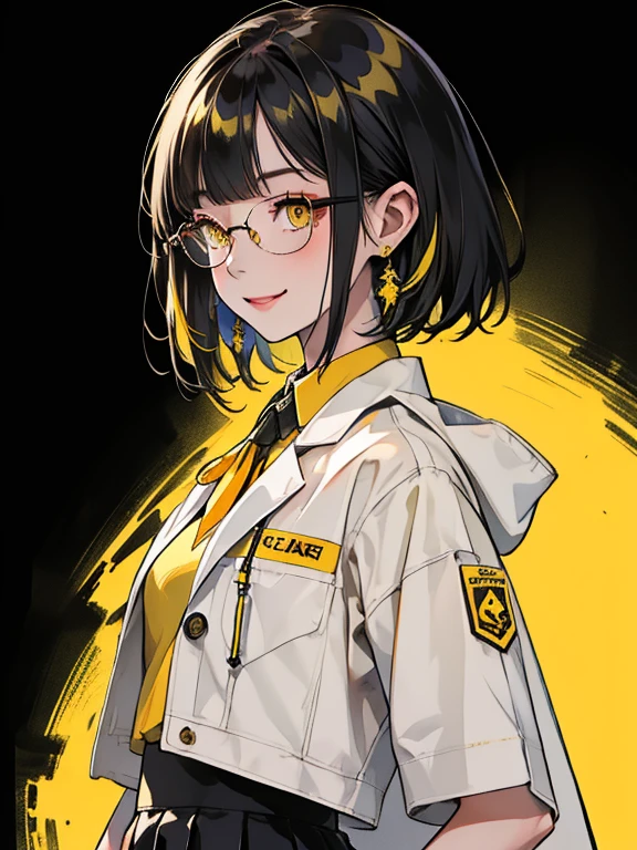 Standing against a background of black and yellow hair, 1 girl, One Girl(1:2)、 smile、Compensate、Red cheeks、short hair, Yellow Skirt, shirt, Black Hair, tie, ((doctor))、Private room、doctor style、((White coat long coat type))、Glasses, white shirt, Yellow Eyes, black tie, jewelry, Pleated skirt, From the side, Short sleeve, collared shirt, shirt tucked in,rum \(rumダヨー\),The theme colors are yellow and black、The background is solid yellow、Super simple yellow solid background,Wait for the gentleman to depart