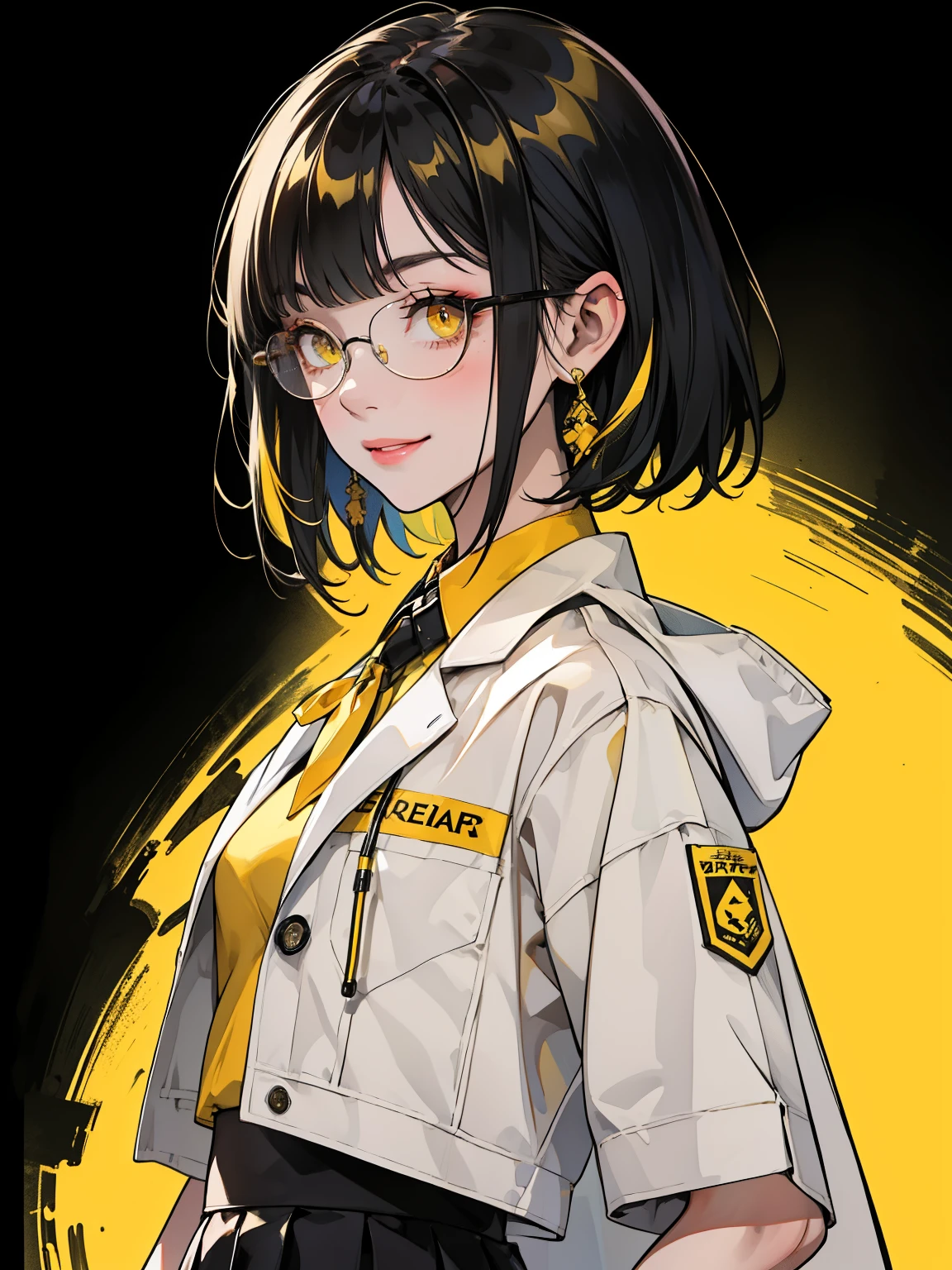 Standing against a background of black and yellow hair, 1 girl, One Girl(1:2)、 smile、Compensate、Red cheeks、short hair, Yellow Skirt, shirt, Black Hair, tie, ((doctor))、Private room、doctor style、((White coat long coat type))、Glasses, white shirt, Yellow Eyes, black tie, jewelry, Pleated skirt, From the side, Short sleeve, collared shirt, shirt tucked in,rum \(rumダヨー\),The theme colors are yellow and black、The background is solid yellow、Super simple yellow solid background,Wait for the gentleman to depart