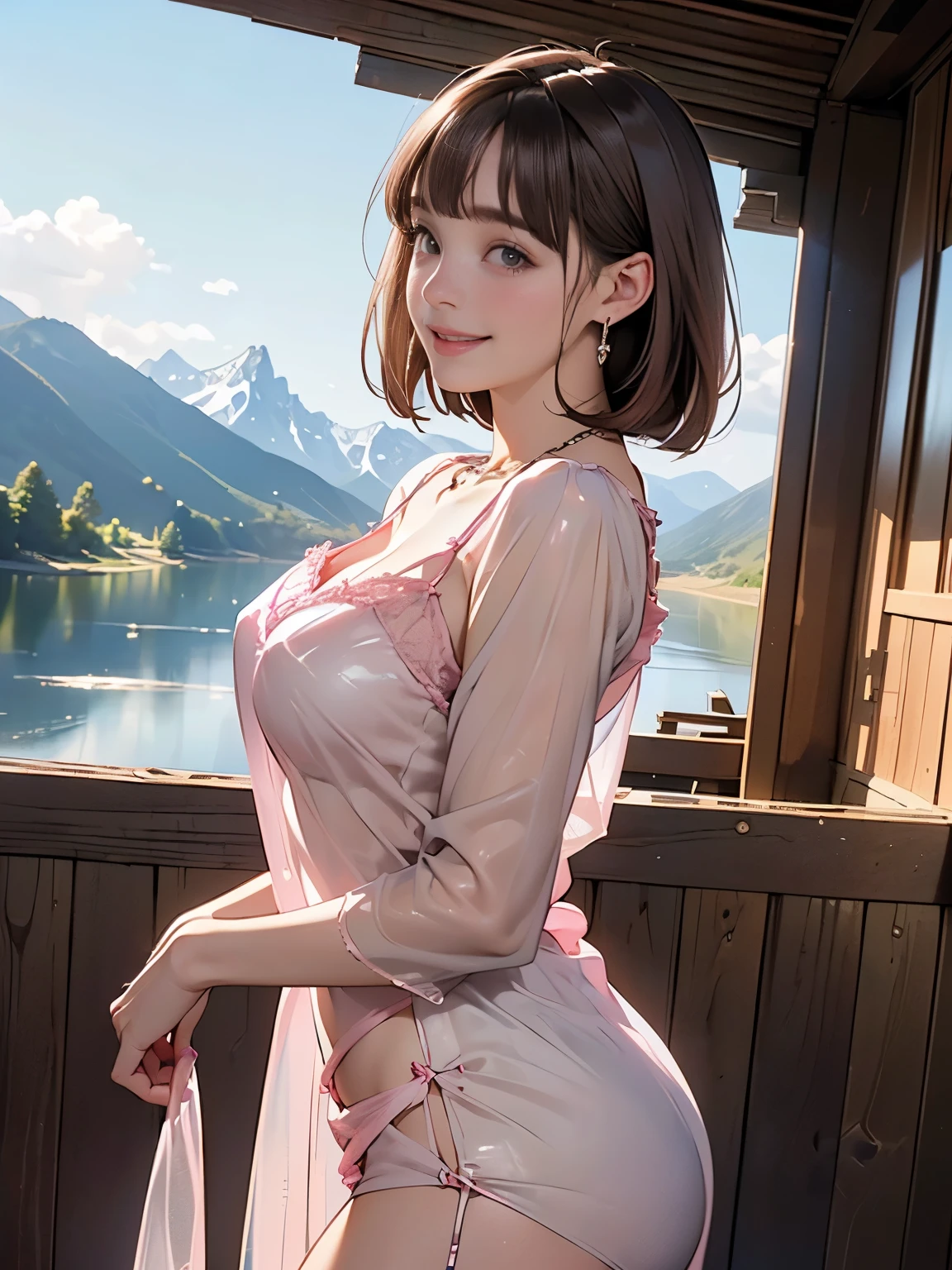 ((((highest quality))))、(((Ultra-precision CG16K wallpaper)))、(((masterpiece)))、(((Super detailed)))、(((Extreme detail)))、(((１Mature 32 year old woman:1.8)))、((Very beautiful Japanese faces))、((Shiraishi Mai:1.5))、((Straight Bob Hair、blunt bangs:1.5))、(Shiny brown hair)、Beautiful delicate eyes、eyeliner、eye shadow、Brown eyes、High nose、Small nostrils、Small Mouth、Seductive lips、Beautiful breasts、((C cup size breasts))、Cleavage、Voluptuous body、eight-headed body、Perfect proportions、Perfect Anatomy、Perfect composition、Beautiful detailed shading、Beautiful, natural lighting、Beautiful detail glow、Depth of written boundary、(((High chroma)))、(((Real:1.9)))、((vivid:1.5))、((Beautiful Skin))、((Skin Texture))、((Realistic skin feel))、(((Cowboy Shot:1.6)))、((Front view、Front low angle:1.6))、((Shy laugh:1.5))、(The woman is facing this way:1.5)、Bright daylight、Natural light、(((Lakeside with mountain view:1.5)))、(Standing pose:1.5)、(((Pink see-through negligee:1.6)))、((Earrings、Wearing a necklace:1.3))、