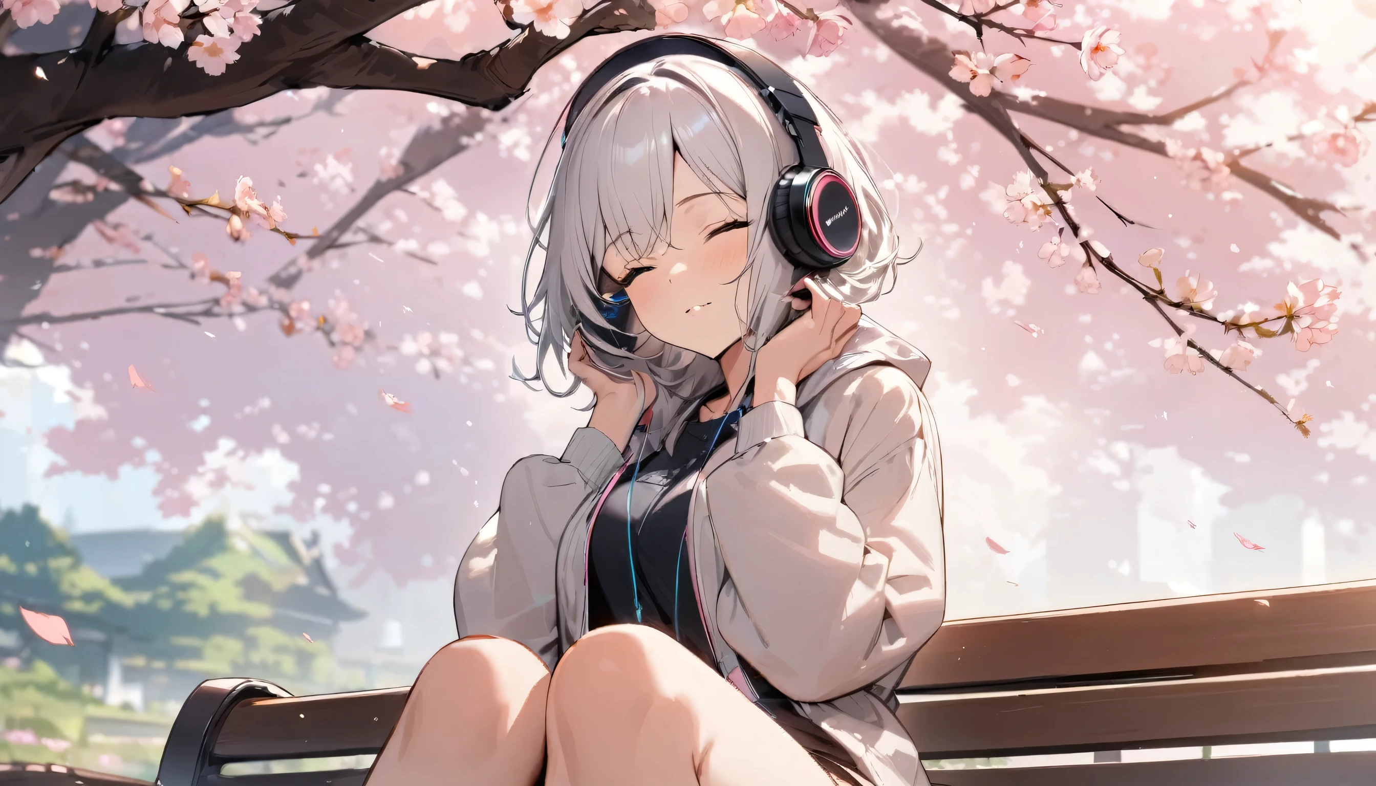 ((best quality)), ((masterpiece)), (detailed), perfect face, sitting under the cherry blossom tree, listening to music, One woman, wearing headphones, eyes closed, wearing underwear, underwear is transparent, sitting on a bench