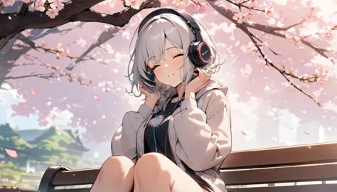 ((best quality)), ((masterpiece)), (detailed), perfect face, sitting under the cherry blossom tree, listening to music, One woma...