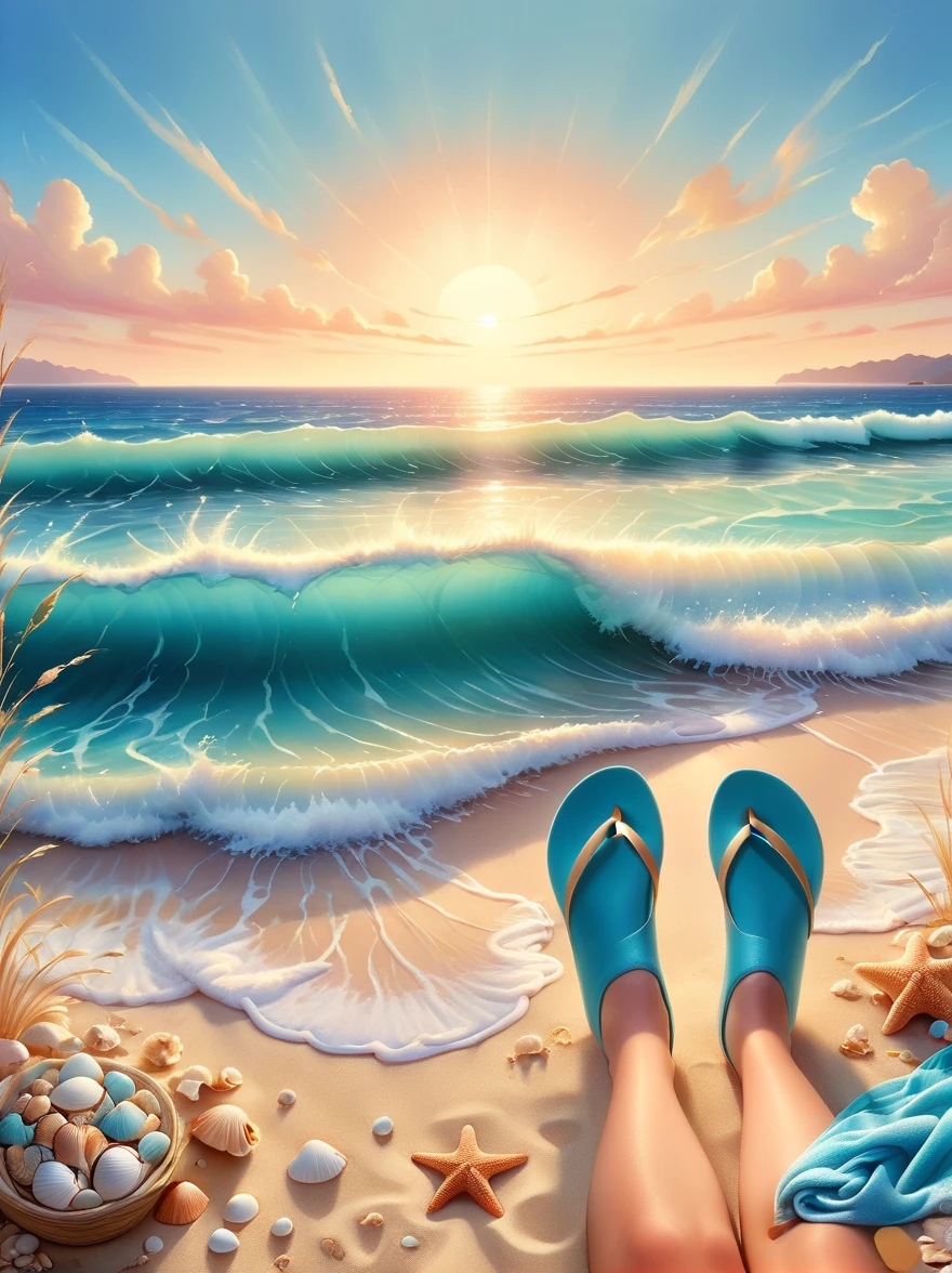 静かで絵のように美しいビーチの風景を思い描いてください, 水彩画の芸術性と関連する柔らかく流動的な絵画スタイルで捉えられた. 前景に, 柔らかい金色の砂の上に、様々な形や大きさの貝殻が散らばっています。. ビーチタオル, 日よけ帽, ビーチサンダルはリラックスした一日を示唆する. うねるターコイズブルーの波が徐々に岸に打ち寄せる, エッジに繊細な泡状の白いレースを作ります. 後ろに, どこまでも広がる青い海が、美しいグラデーションの空と溶け合う, 天頂の深い青から地平線にかけての柔らかいピンク色へと変化する. 雲の切れ端が広大な空間に点在する, シーンの静けさを強調する.