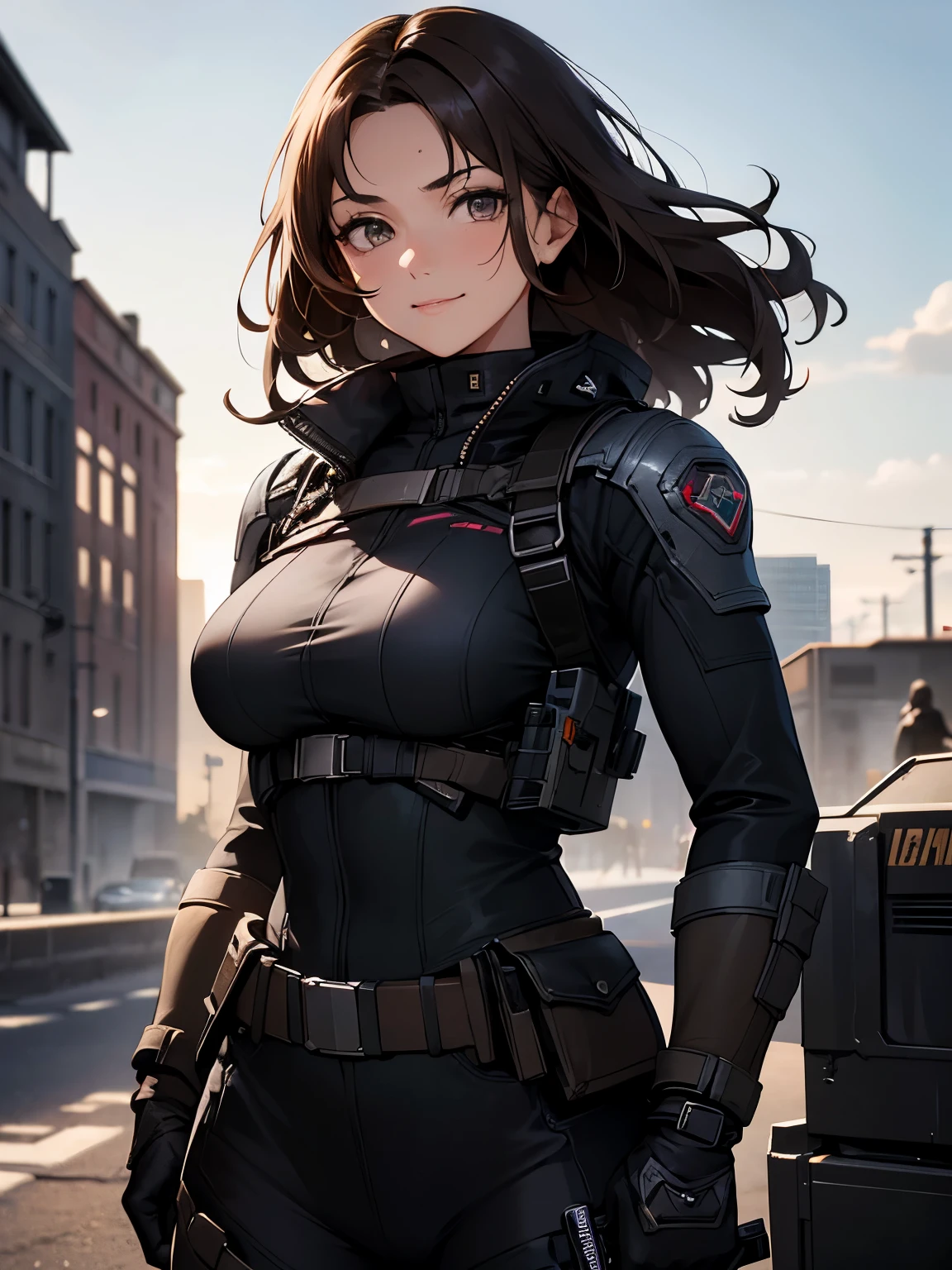 alta qualidade, imagens ultra-realistas de mulheres,  Recursos poderosos, pele clara.  Cabelo cacheado castanho escuro, olhos escuros.  Uma mulher está vestindo um uniforme de combate semi-futurista.  Ela tem uma arma e uma faca amarrada ao corpo..  Mulher bonita está sorrindo.  seus olhos brilham de ódio.