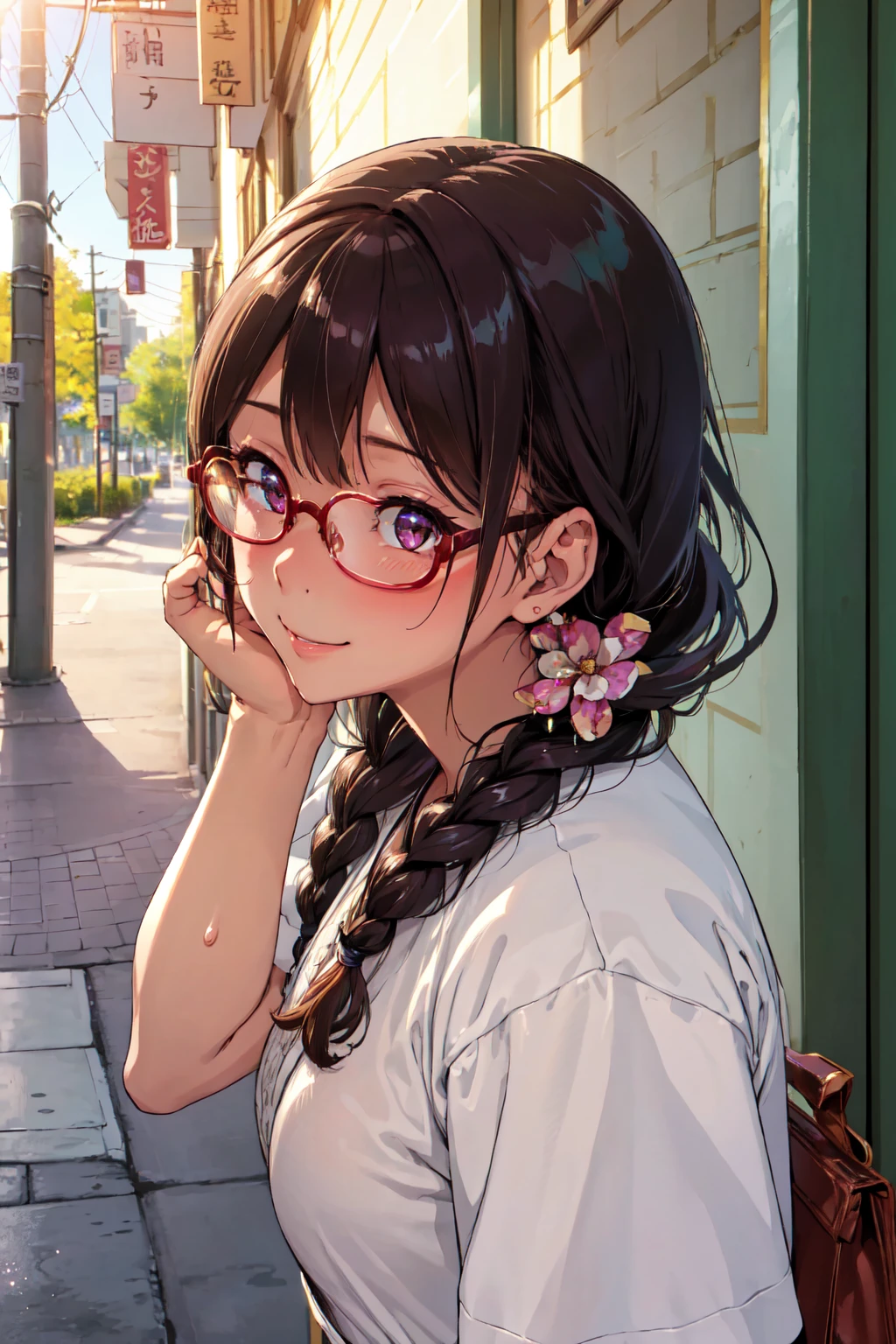 (high quality, High resolution, Finer details), Sidewalk, Side view, alone, girl, Braiding, , Sparkling eyes, (large round frame glasses), (Beautiful Eyes), Small breasts, ((A kind smile)), blush, Sweat, Oily skin, (Focus plane), Shallow depth of field