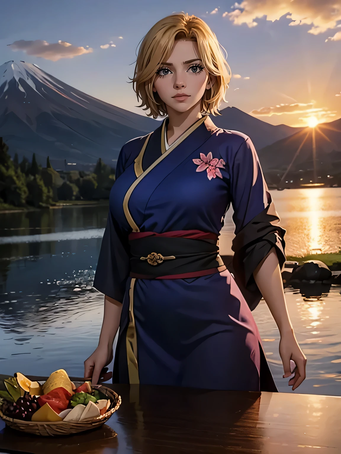 Best quality, masterpiece, extremely detailed, detailed background, detailed eyes,realism, 1 girl, beautiful eyes, young girl,beautiful graceful fingers, girl with short hair,expressive face, kimono, big breasts , Landscape of Mount Fuji, on open air, sunset, beautiful sky, picnic on the lake, landscape, landscape, horizon, The mountain is next to the mountain, Wind, flower petal, Vesna, looking, Atmospheric lighting, reflection, naturalistic, detail, realism. relaxation, Beauty, Just focus, Close-up, outside, depth of field, hips